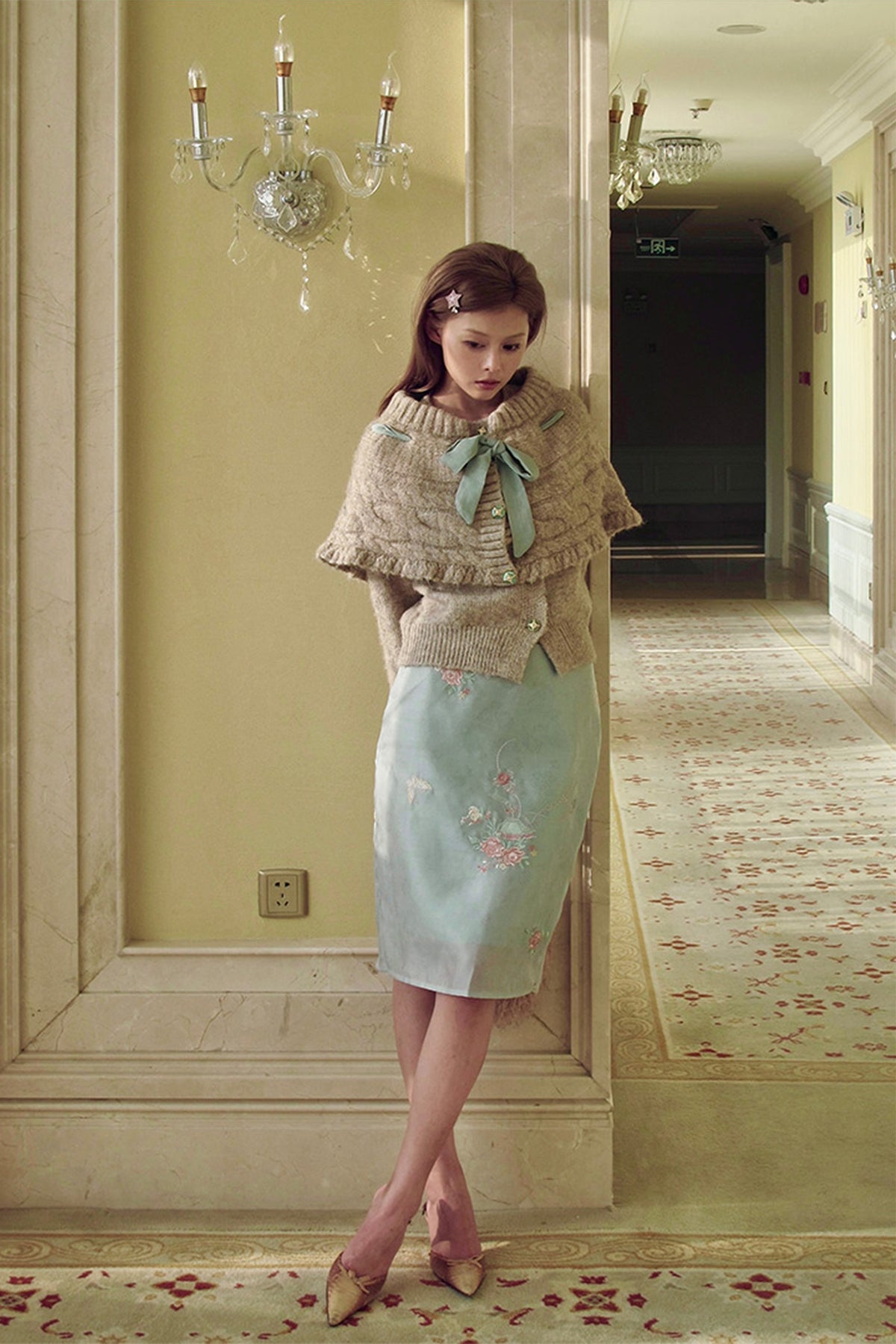 ANNIE ARMOR Cable-Knit Bow-Tie Cape Two-Piece Cardigan
