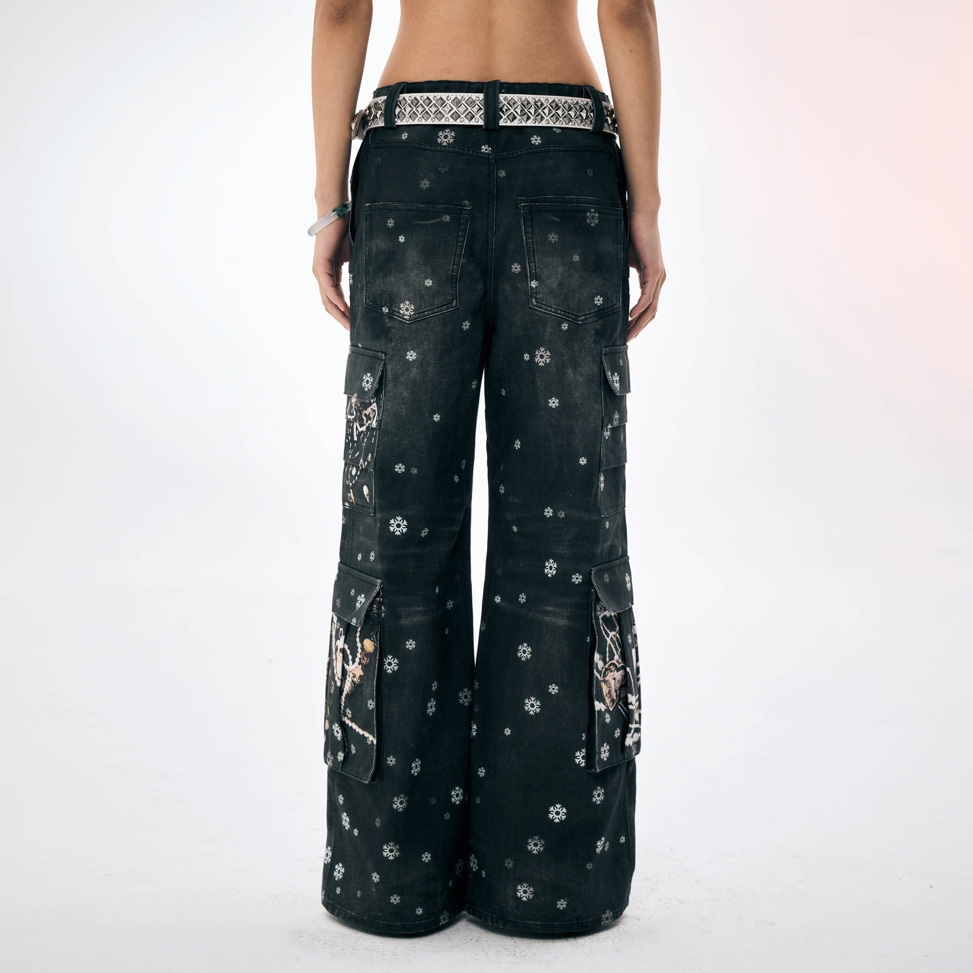 DND4DES×Faychui Snowflake Full-Print Spliced Multi-Pocket Jeans, premium urban and streetwear designers apparel on PROJECTISR.com, DND4DES