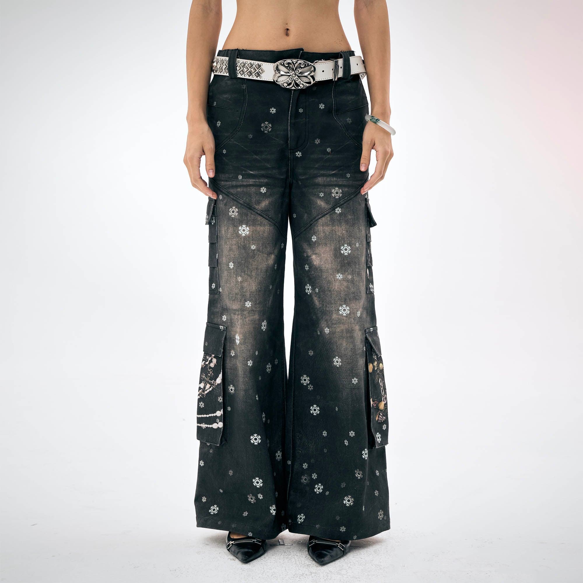 DND4DES×Faychui Snowflake Full-Print Spliced Multi-Pocket Jeans, premium urban and streetwear designers apparel on PROJECTISR.com, DND4DES