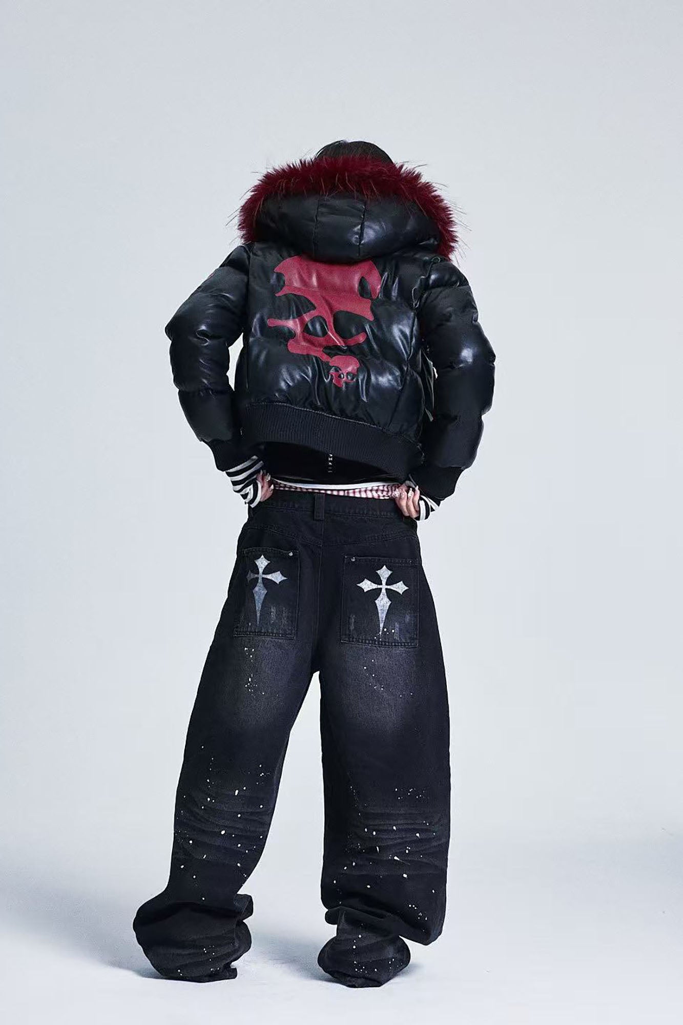 NONAME SPACE Skull Detachable Hood PU Bomber Jacket