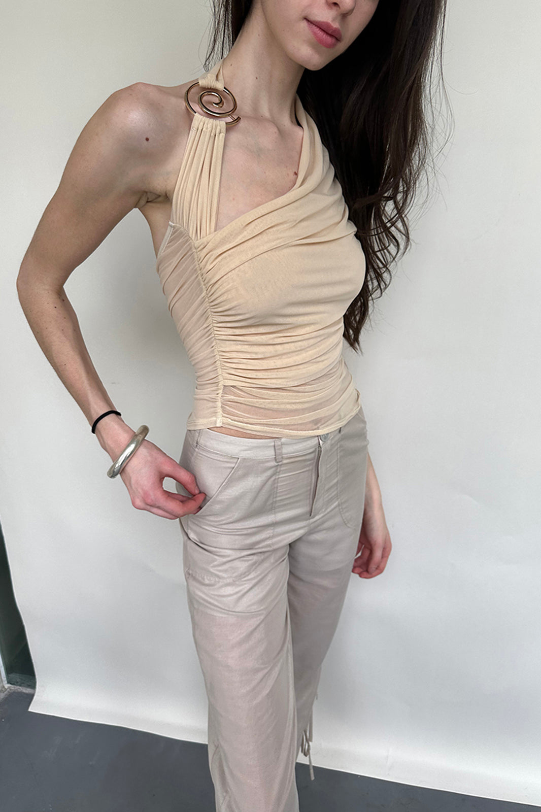 DOTYEARS Spiral Hardware Ruched One-Shoulder Top