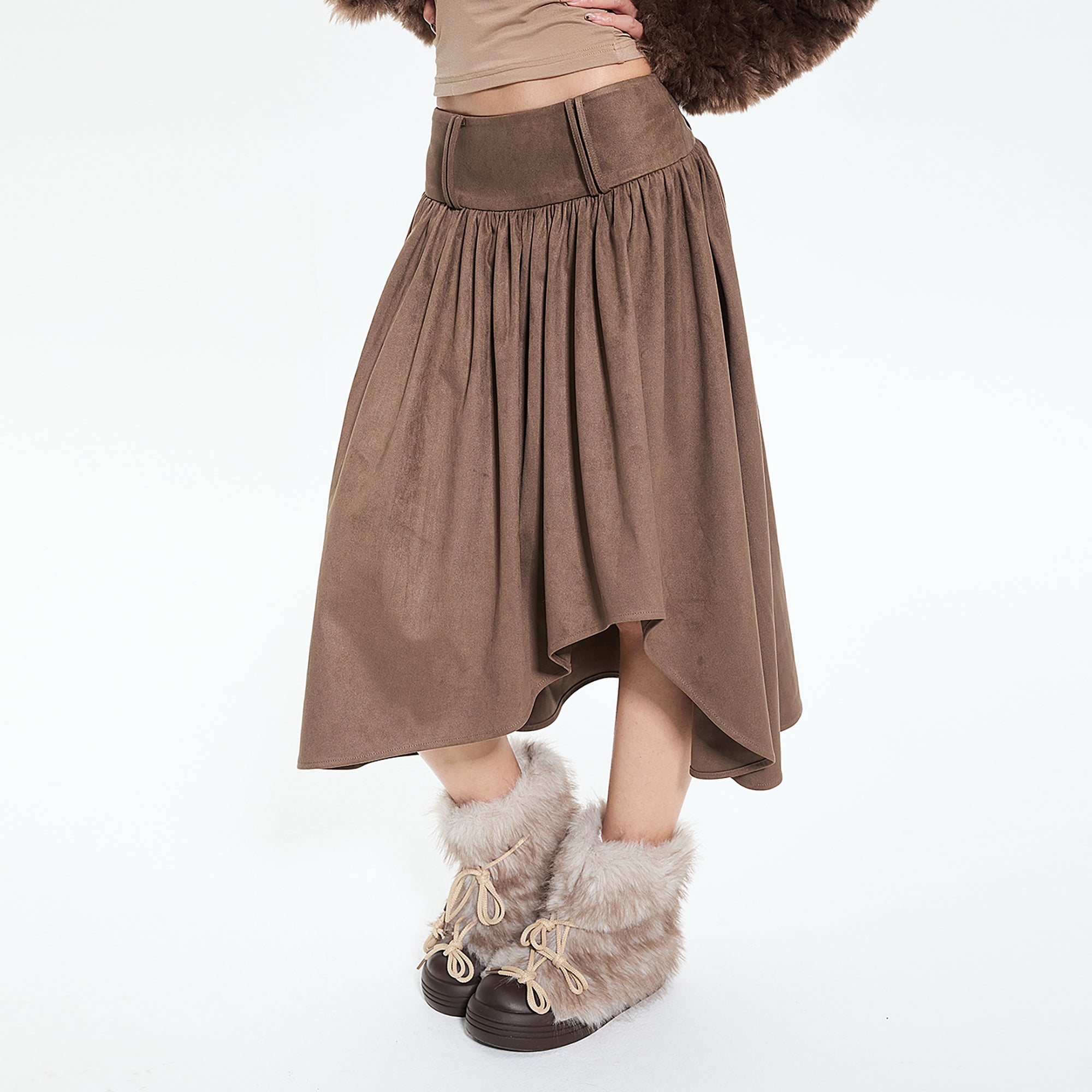 AE30 SAINT Asymmetrical Pleated Faux Suede Skirt