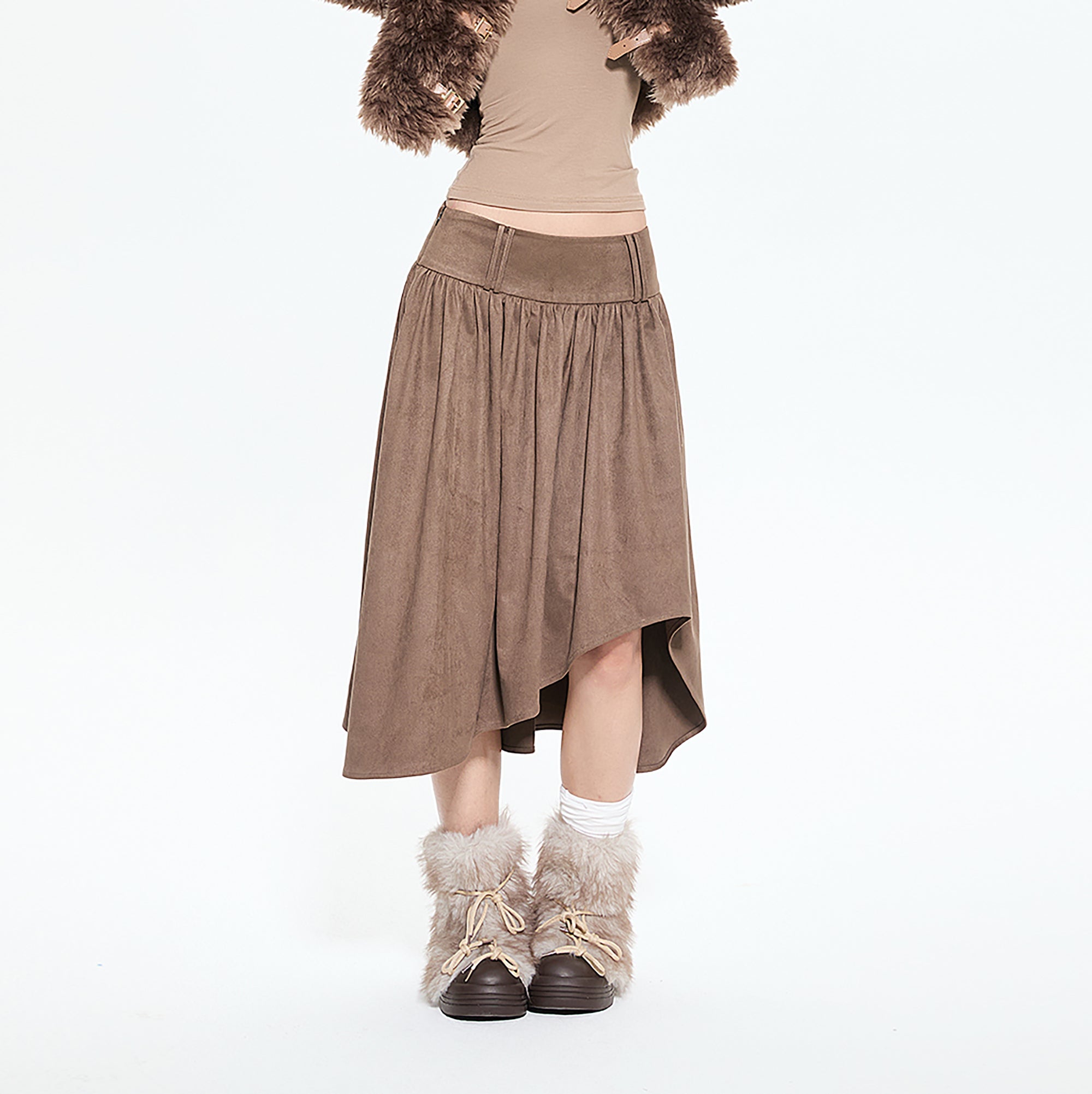 AE30 SAINT Asymmetrical Pleated Faux Suede Skirt