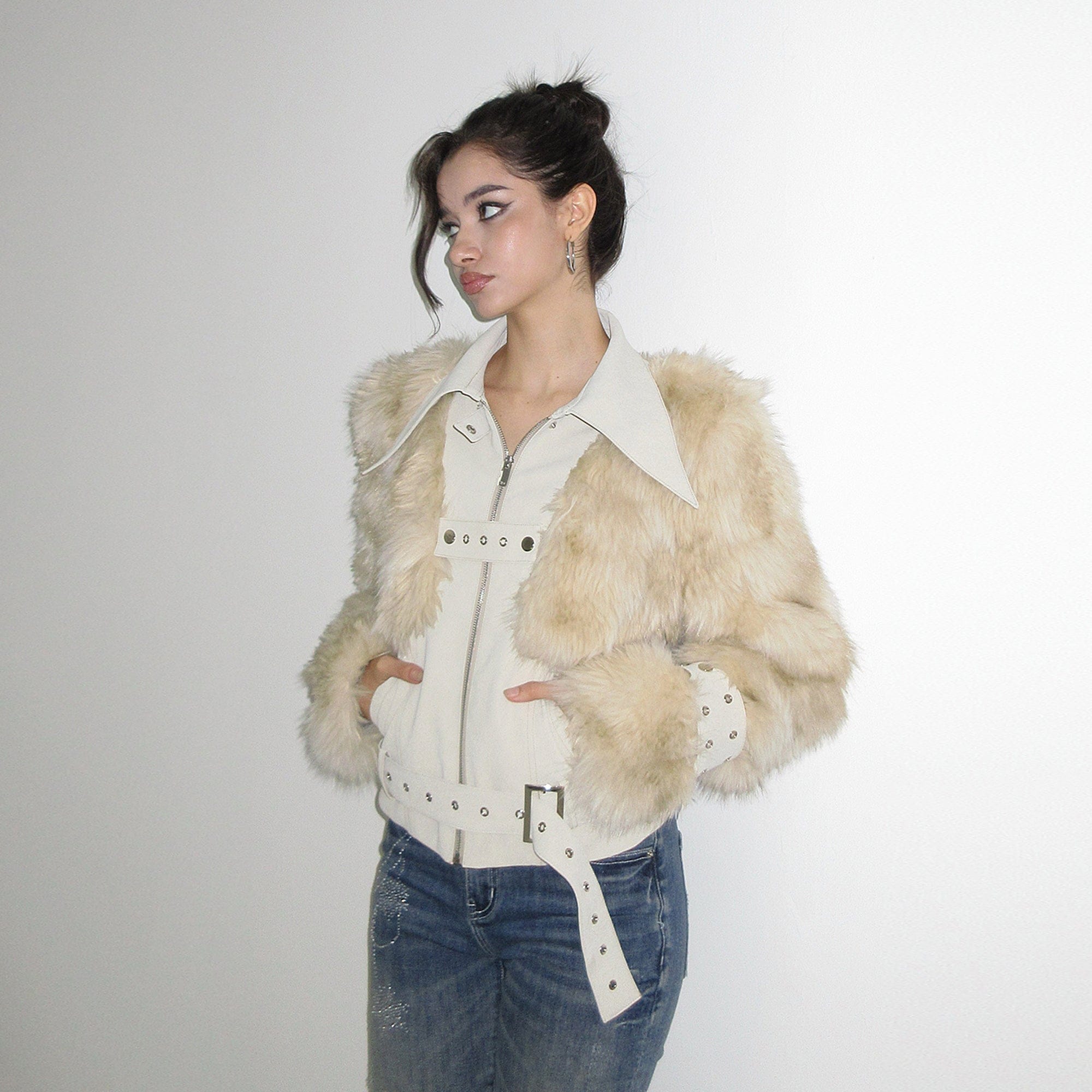 AE30 SAINT Faux Fur Trim PU Moto Jacket