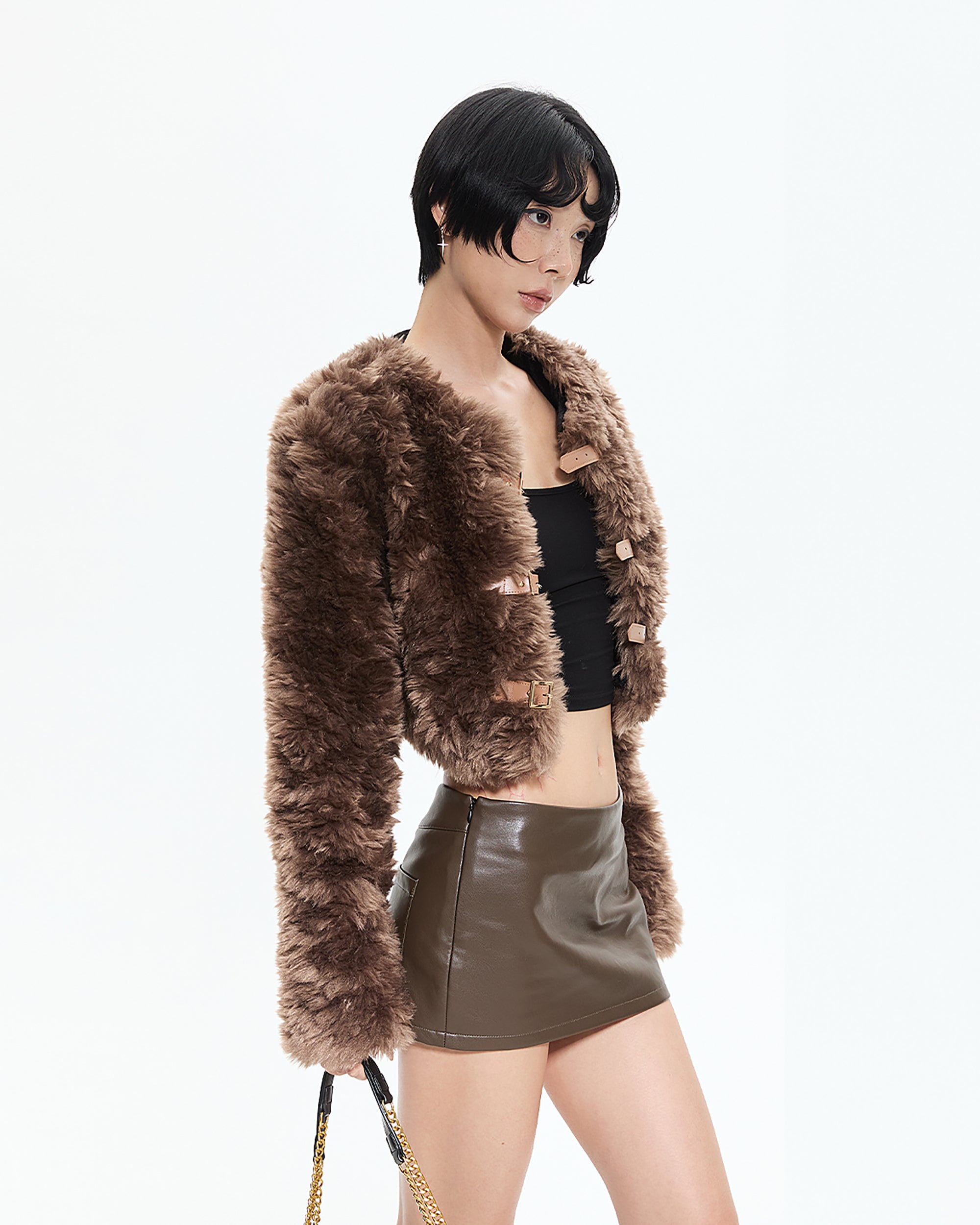 AE30 SAINT Faux Leather Buckles Faux-Fur Cropped Coat