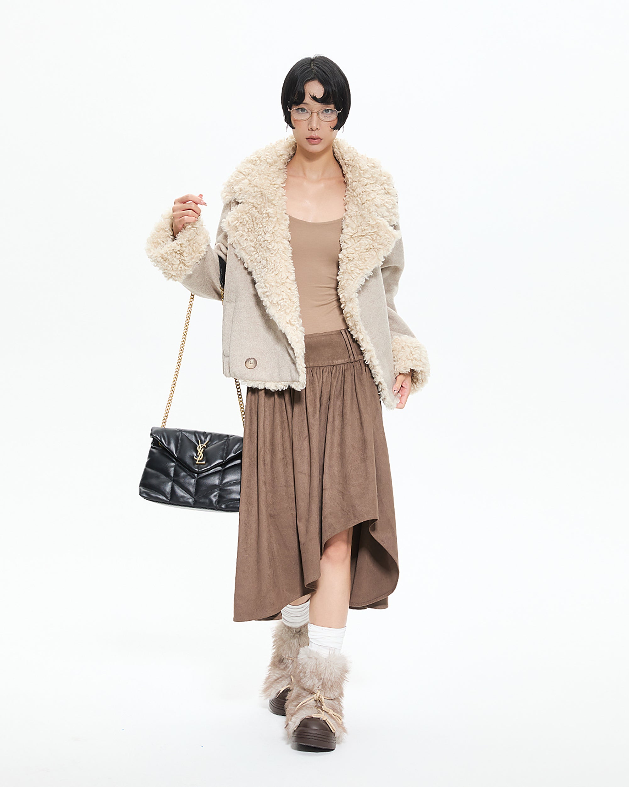 AE30 SAINT Asymmetrical Pleated Faux Suede Skirt