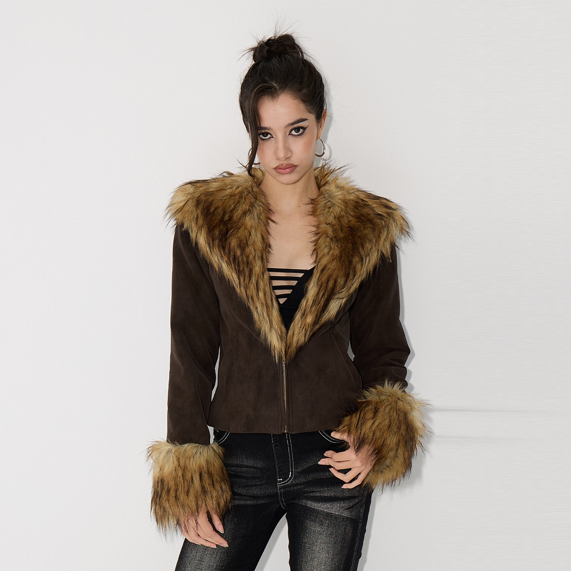 AE30 SAINT Faux Fur Trimmed V-Neck Jacket