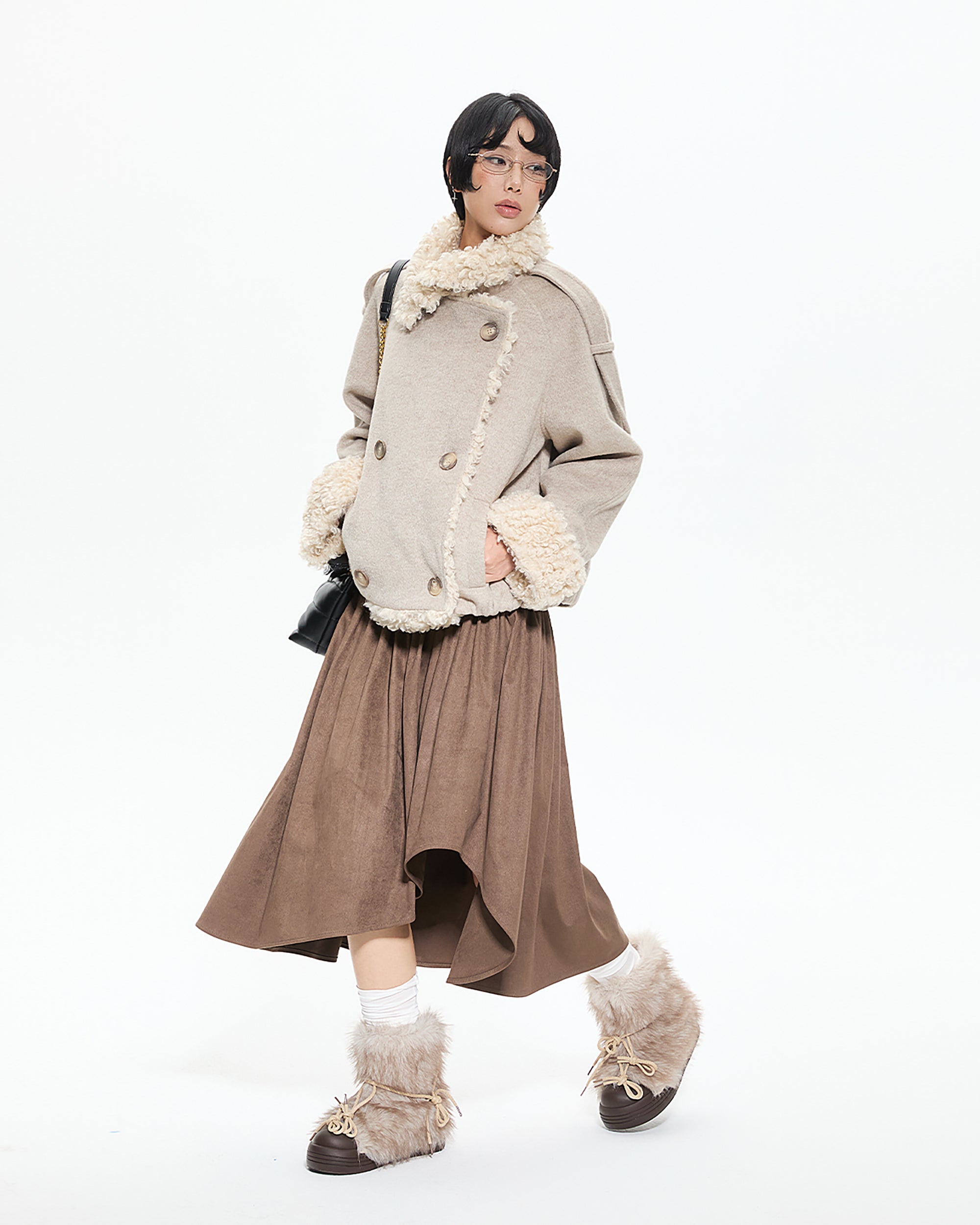 AE30 SAINT Asymmetrical Pleated Faux Suede Skirt