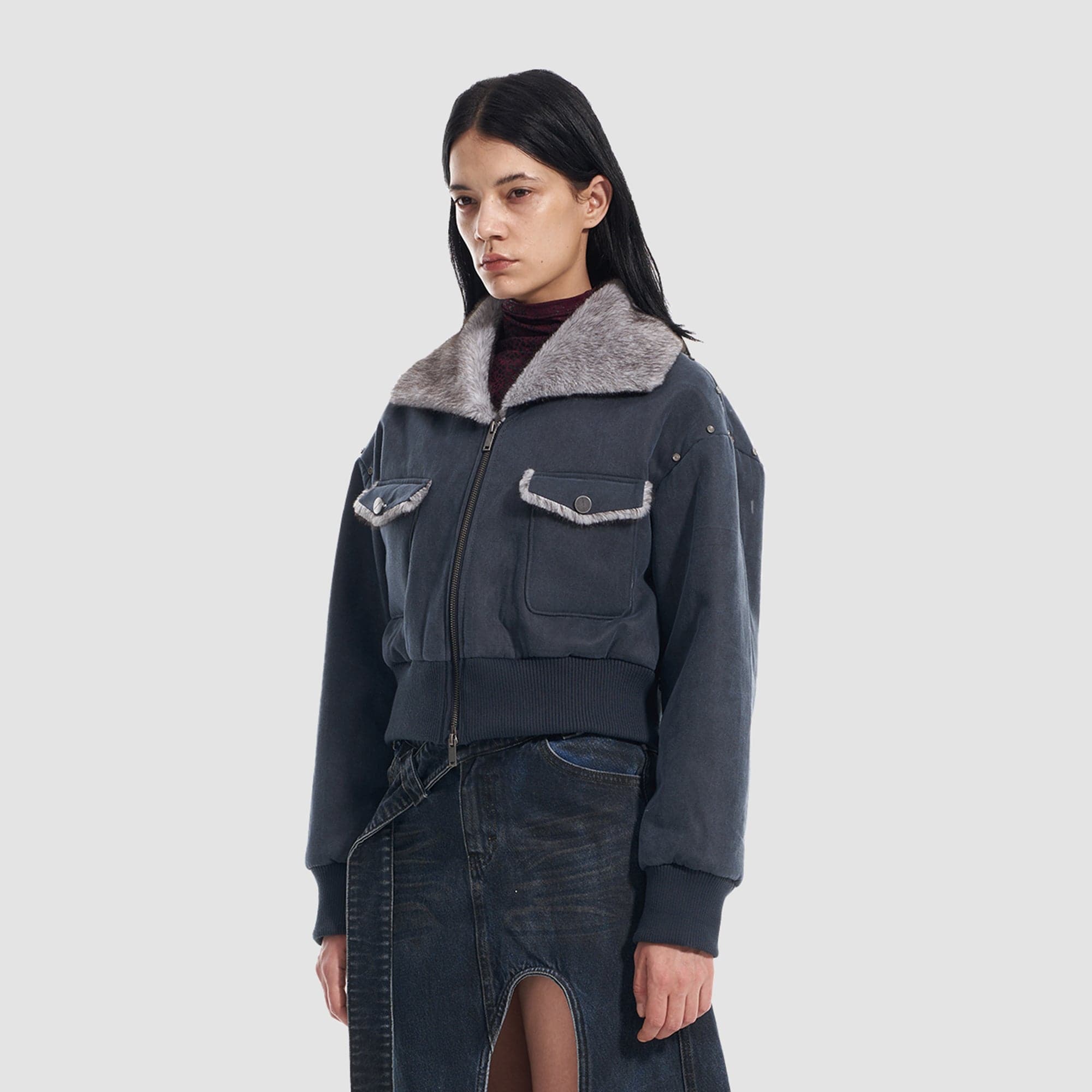 VANN VALRENCE Rivet Faux Fur Lined Cropped Jacket