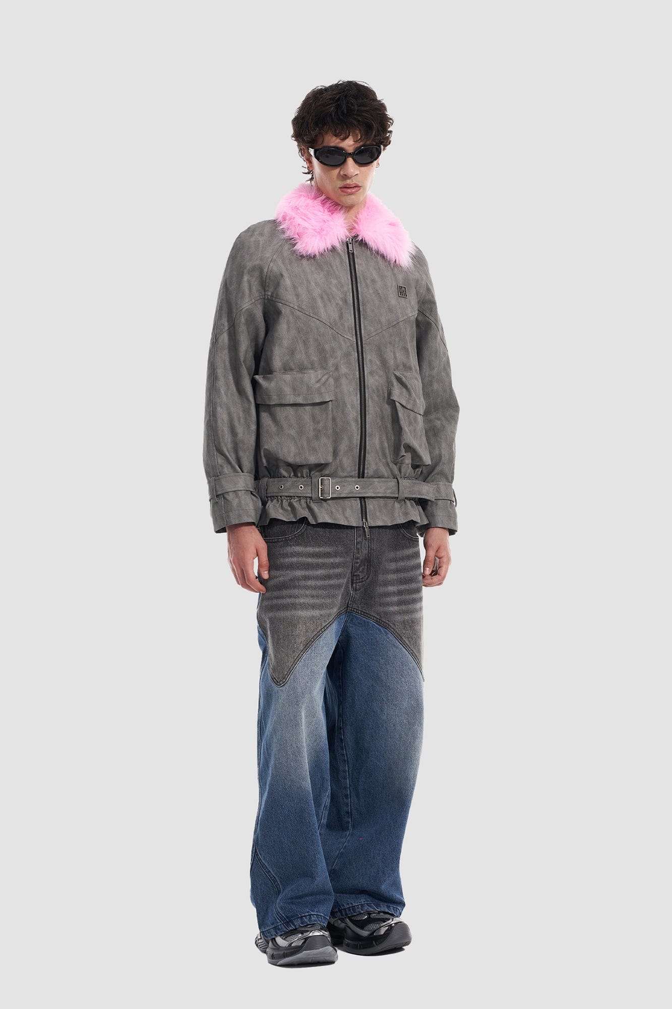 VANN VALRENCE Contrast Faux Fur Collar Belted Jacket