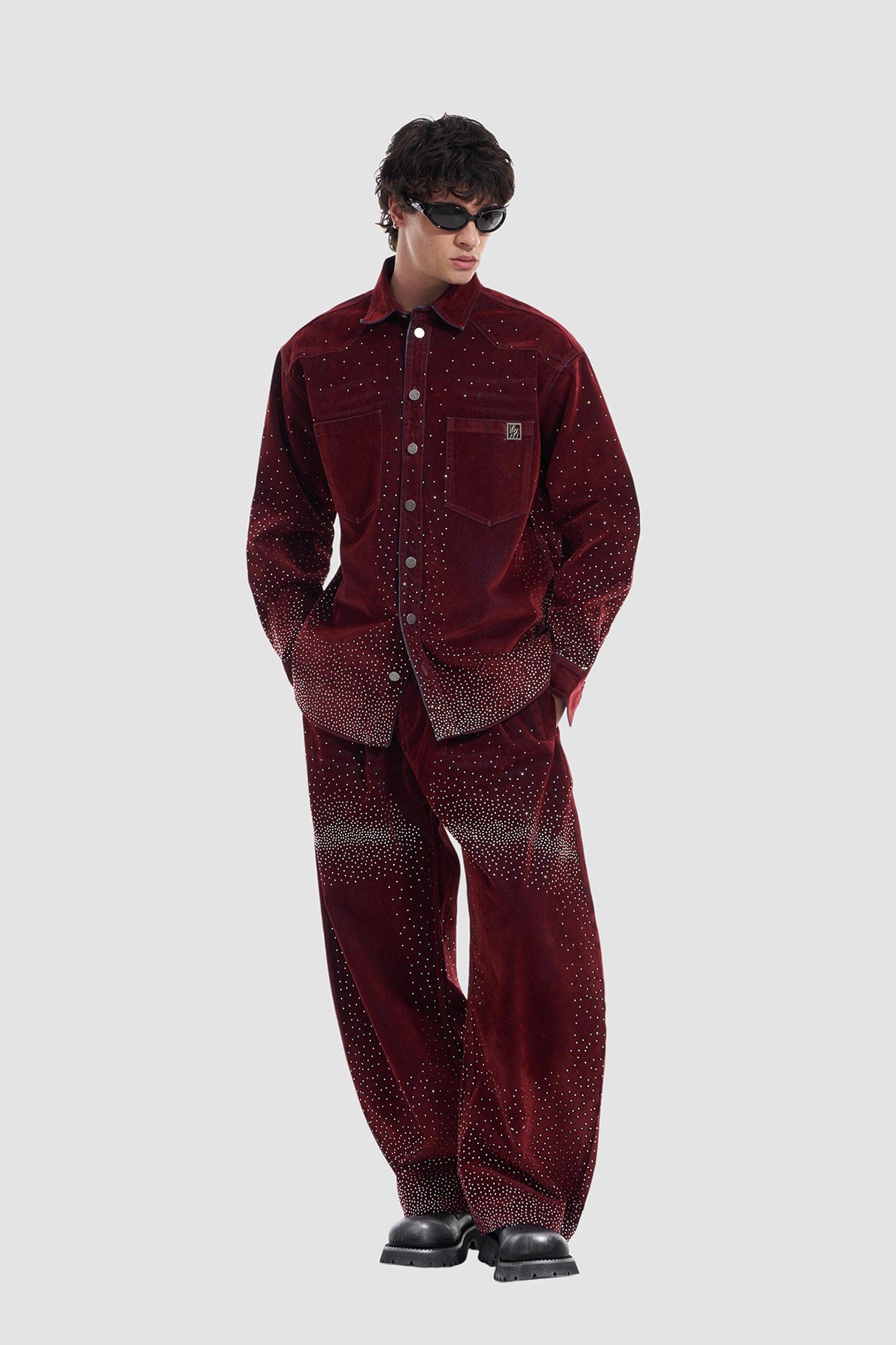 VANN VALRENCE Diamond-Studded Velvet Barrel Leg Trousers