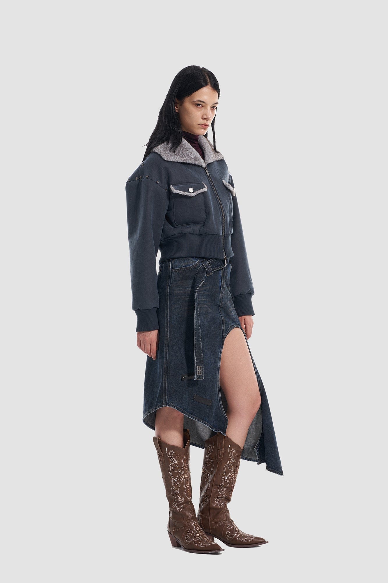 VANN VALRENCE Rivet Faux Fur Lined Cropped Jacket