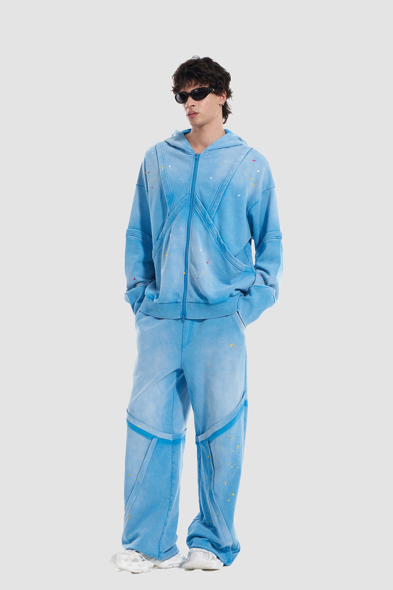 VANN VALRENCE Washed Paint-Splattered Paneled Zip Hoodie