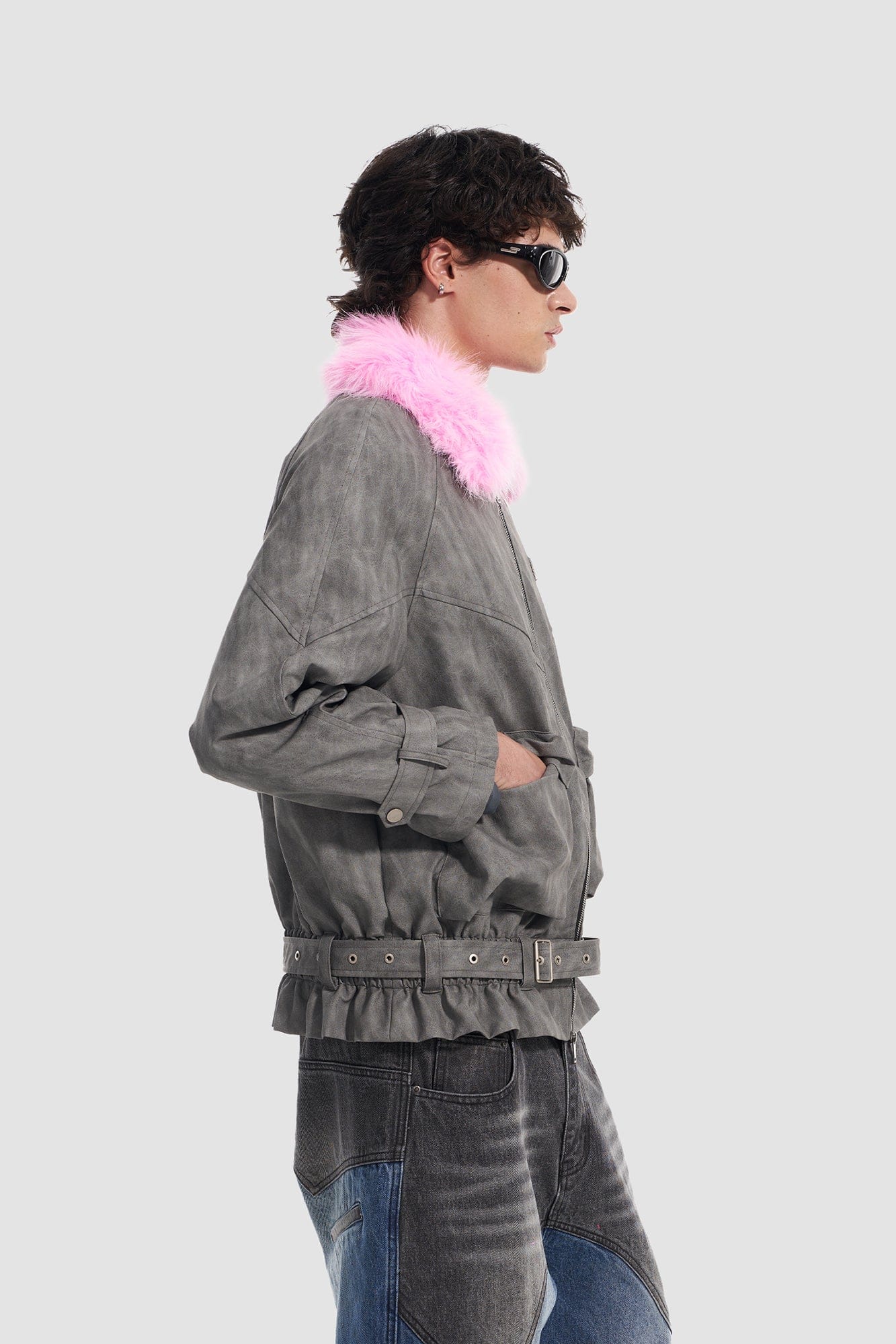 VANN VALRENCE Contrast Faux Fur Collar Belted Jacket