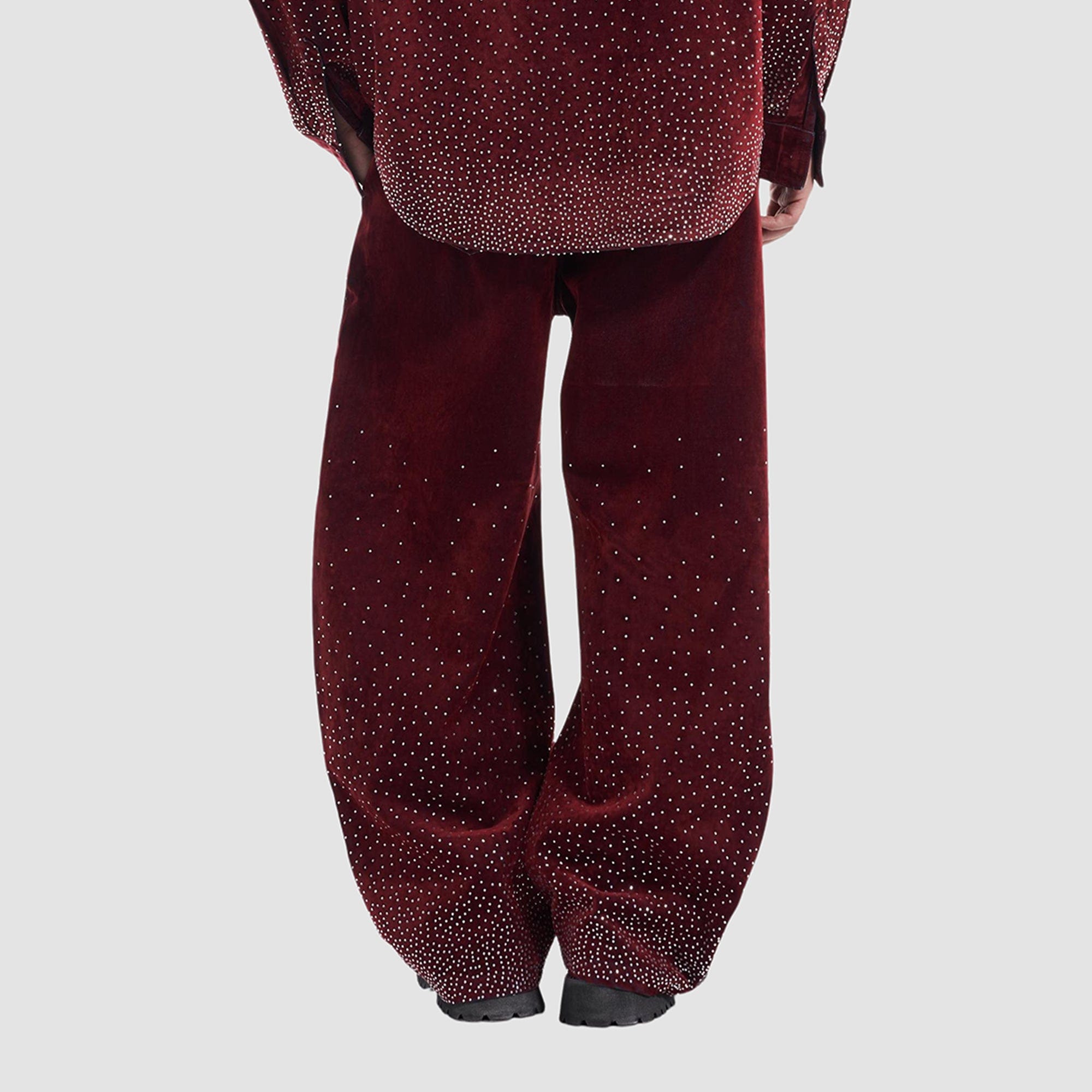 VANN VALRENCE Diamond-Studded Velvet Barrel Leg Trousers