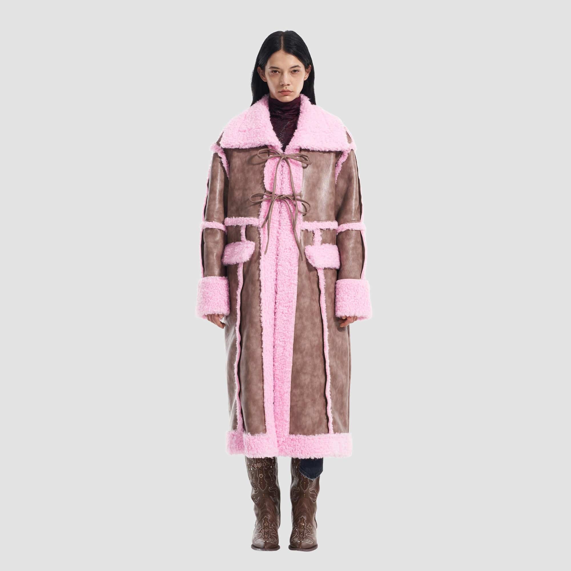 VANN VALRENCE Shearling-Trim Panel PU Long Coat