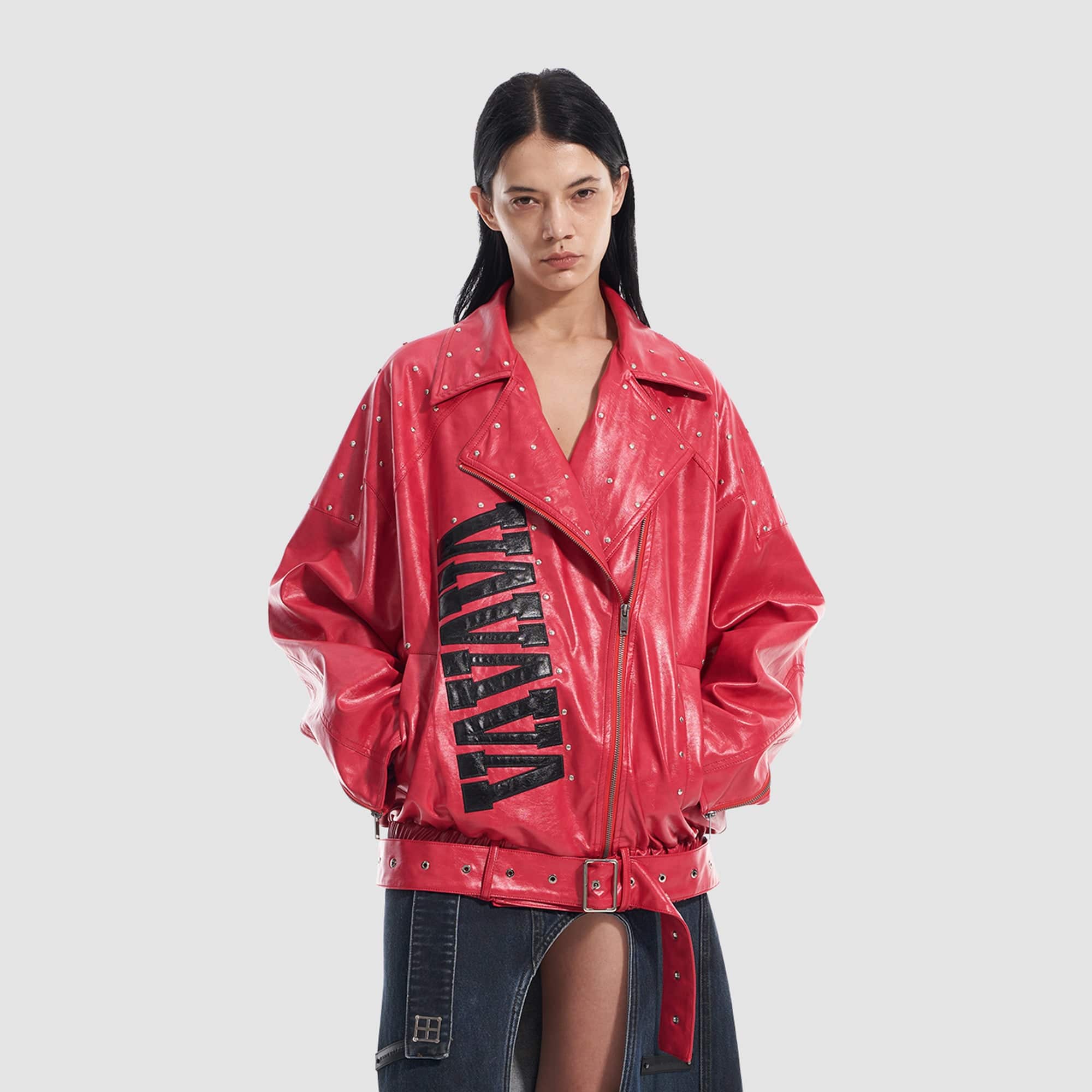 VANN VALRENCE Studded LOGO Faux Leather Biker Jacket