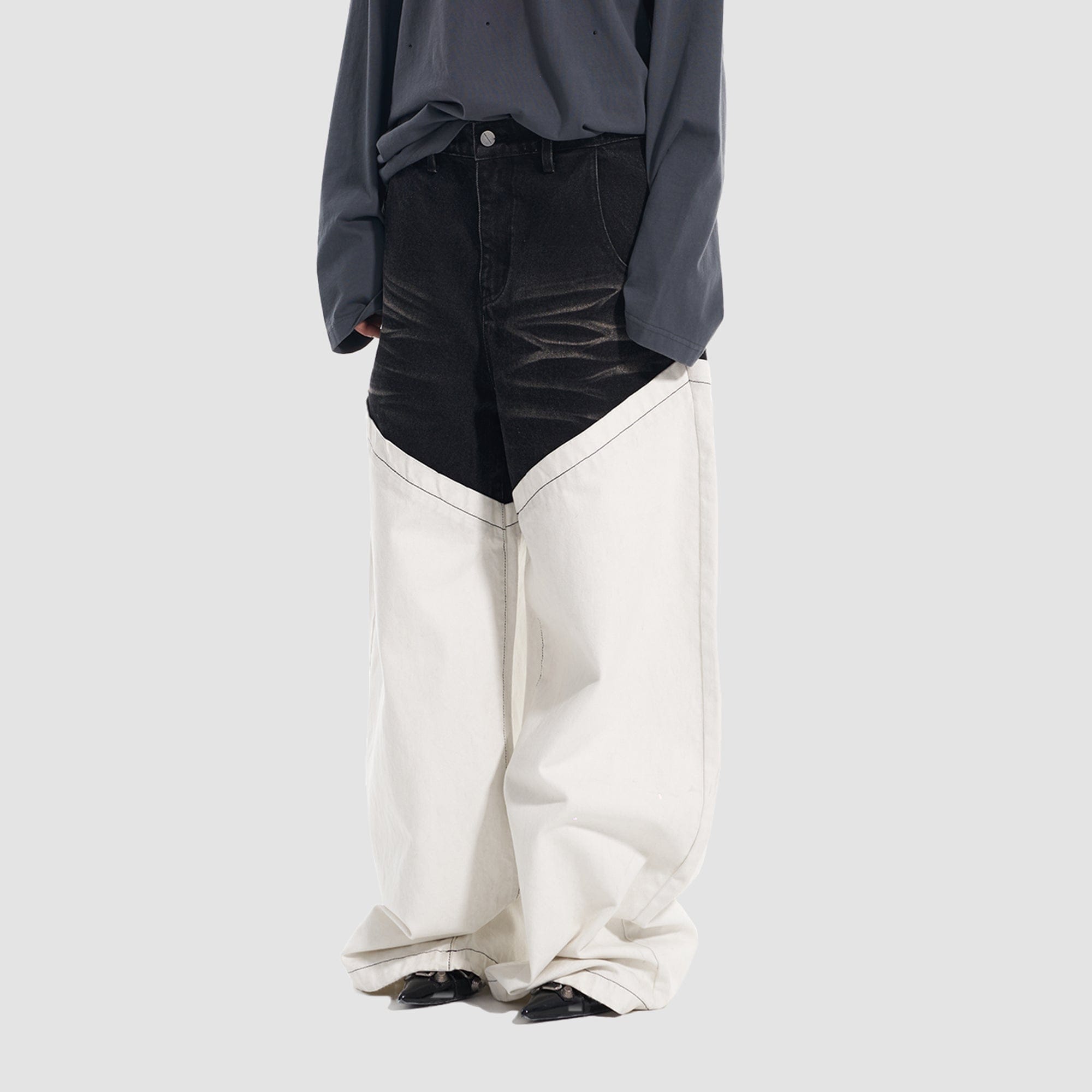 VANN VALRENCE Washed Contrast Panel Oversized Jeans