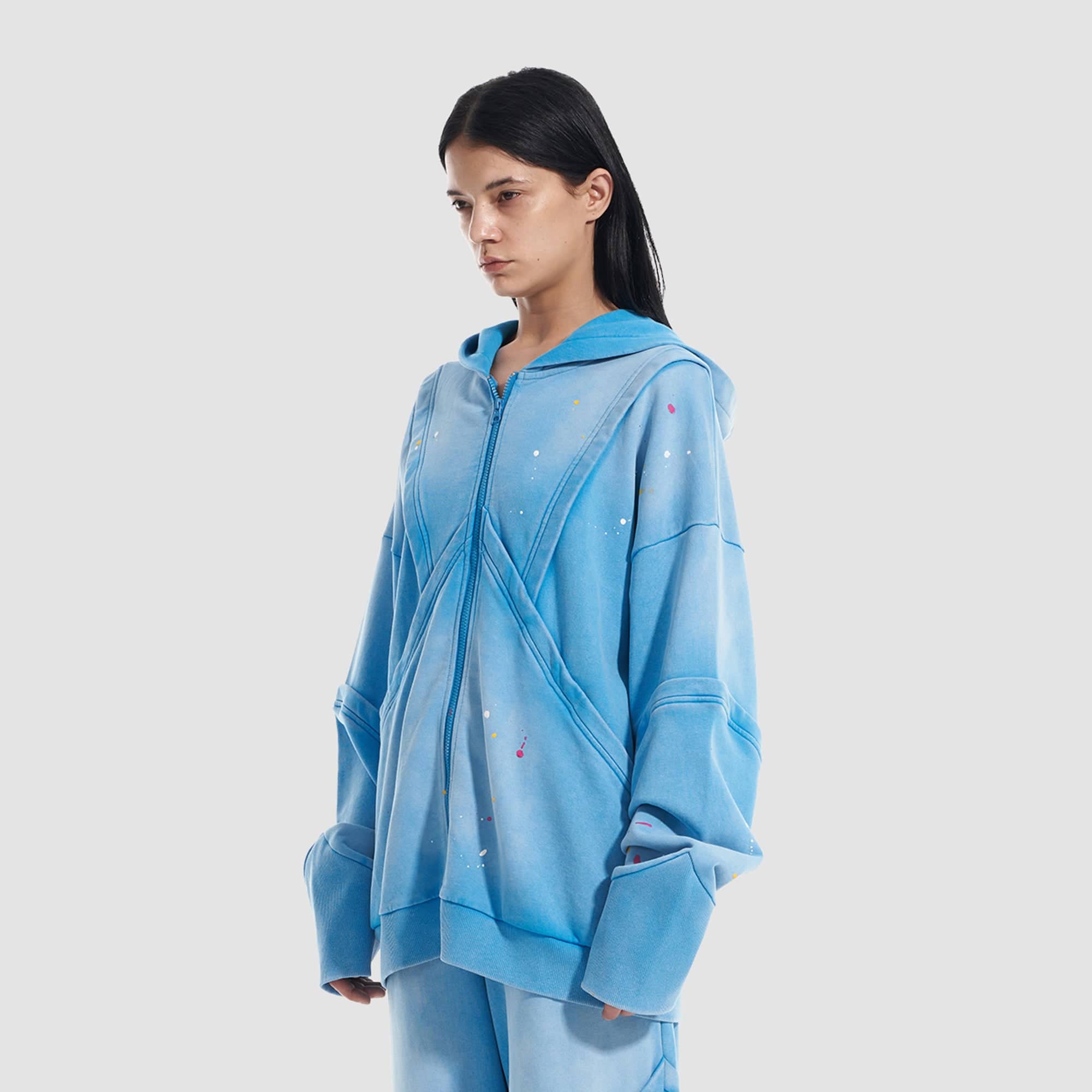 VANN VALRENCE Washed Paint-Splattered Paneled Zip Hoodie