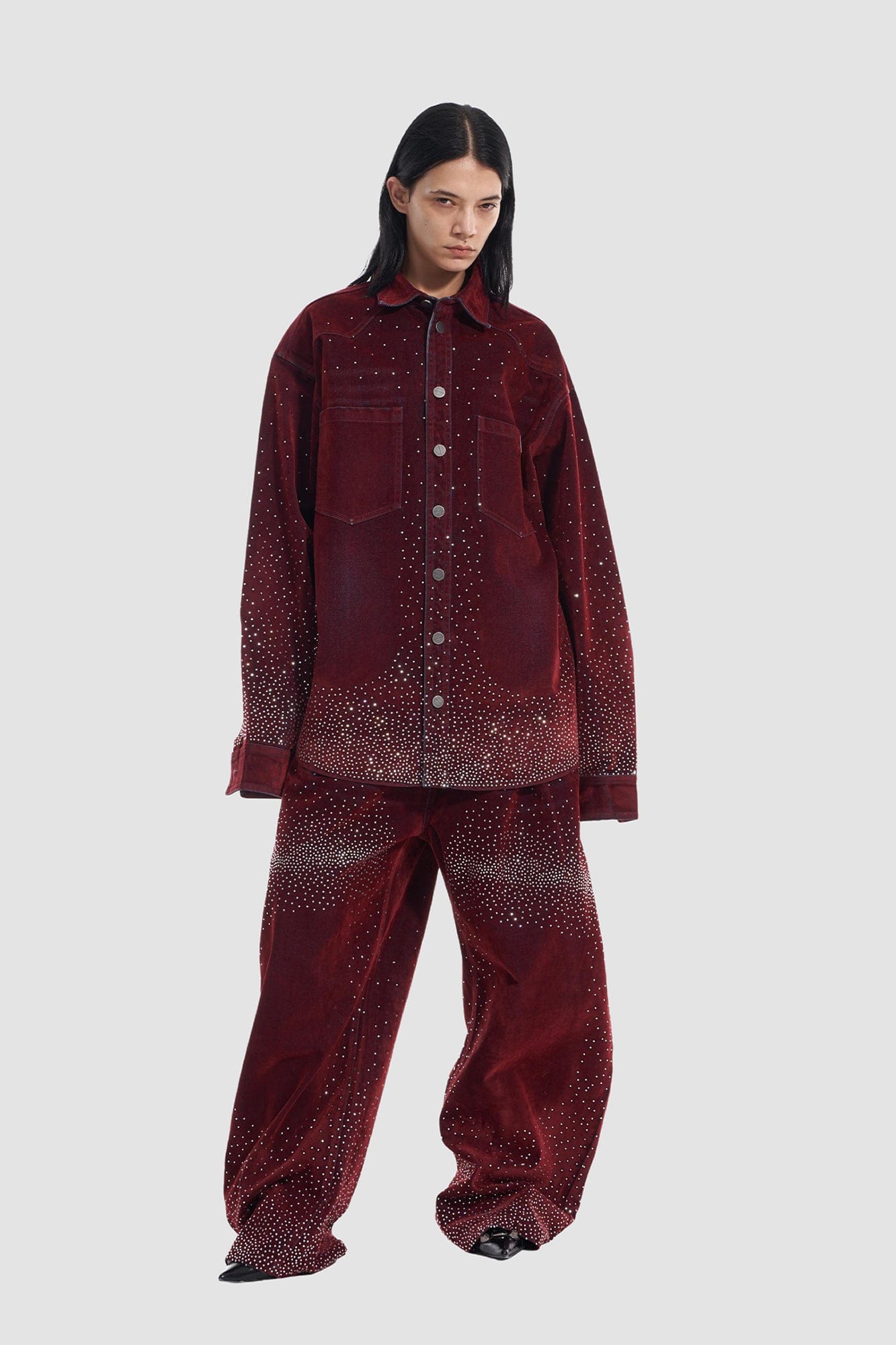 VANN VALRENCE Diamond-Studded Velvet Shirt Jacket