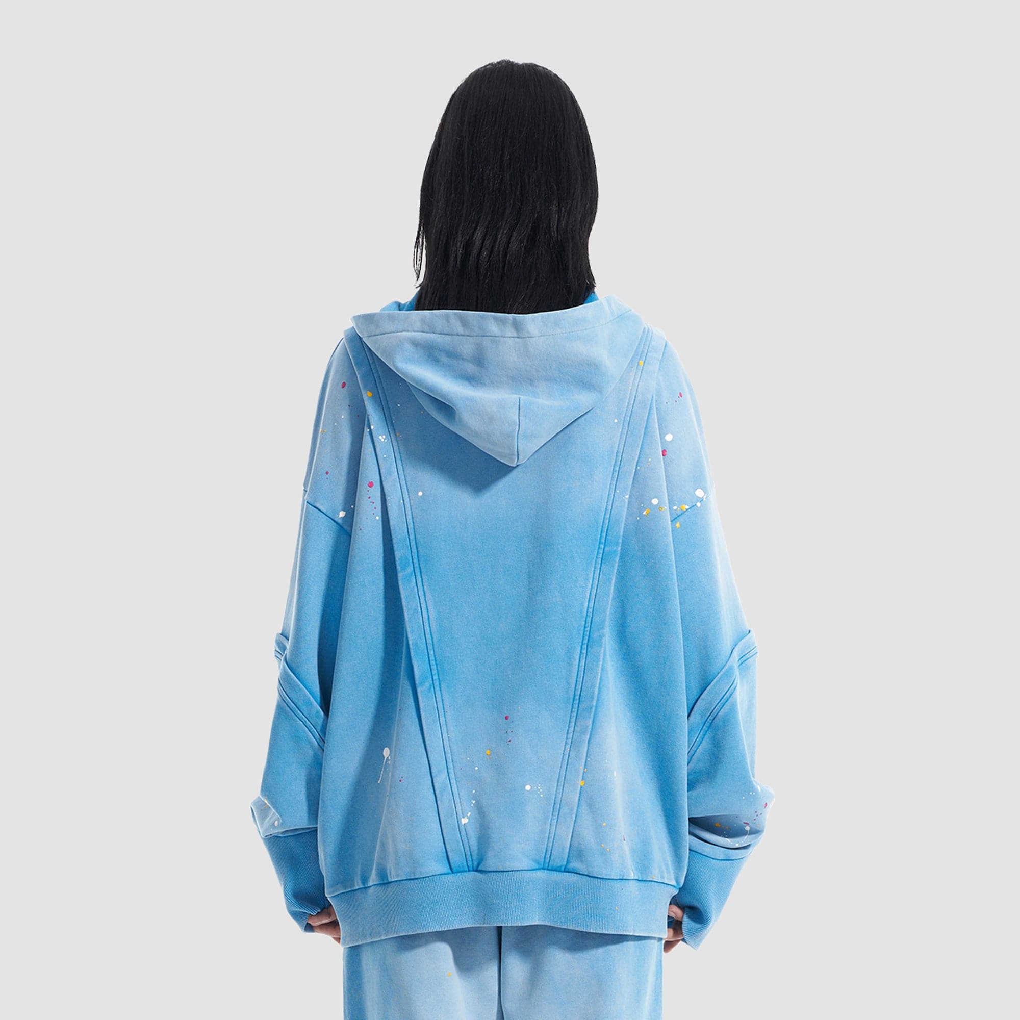 VANN VALRENCE Washed Paint-Splattered Paneled Zip Hoodie