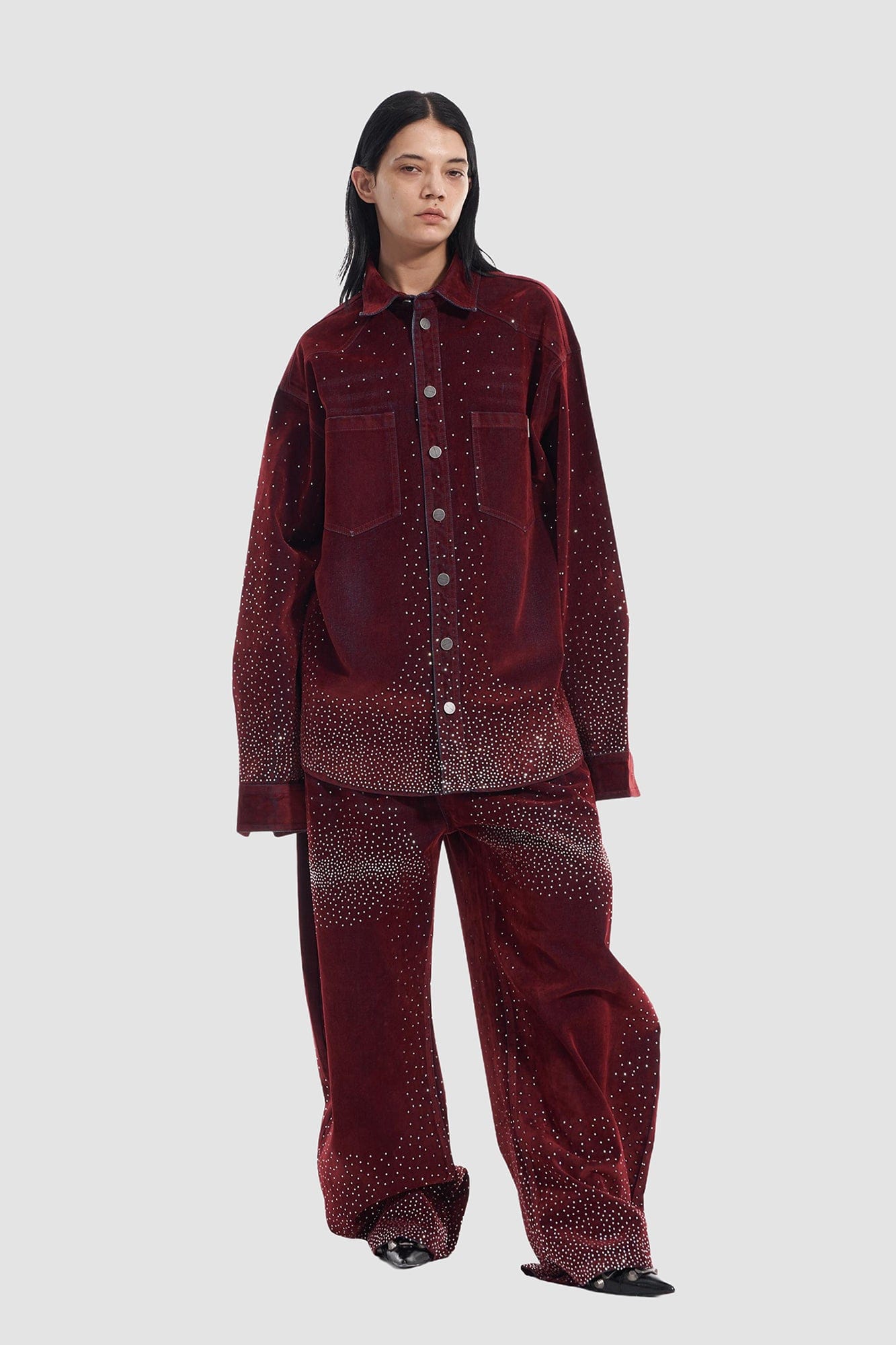 VANN VALRENCE Diamond-Studded Velvet Barrel Leg Trousers