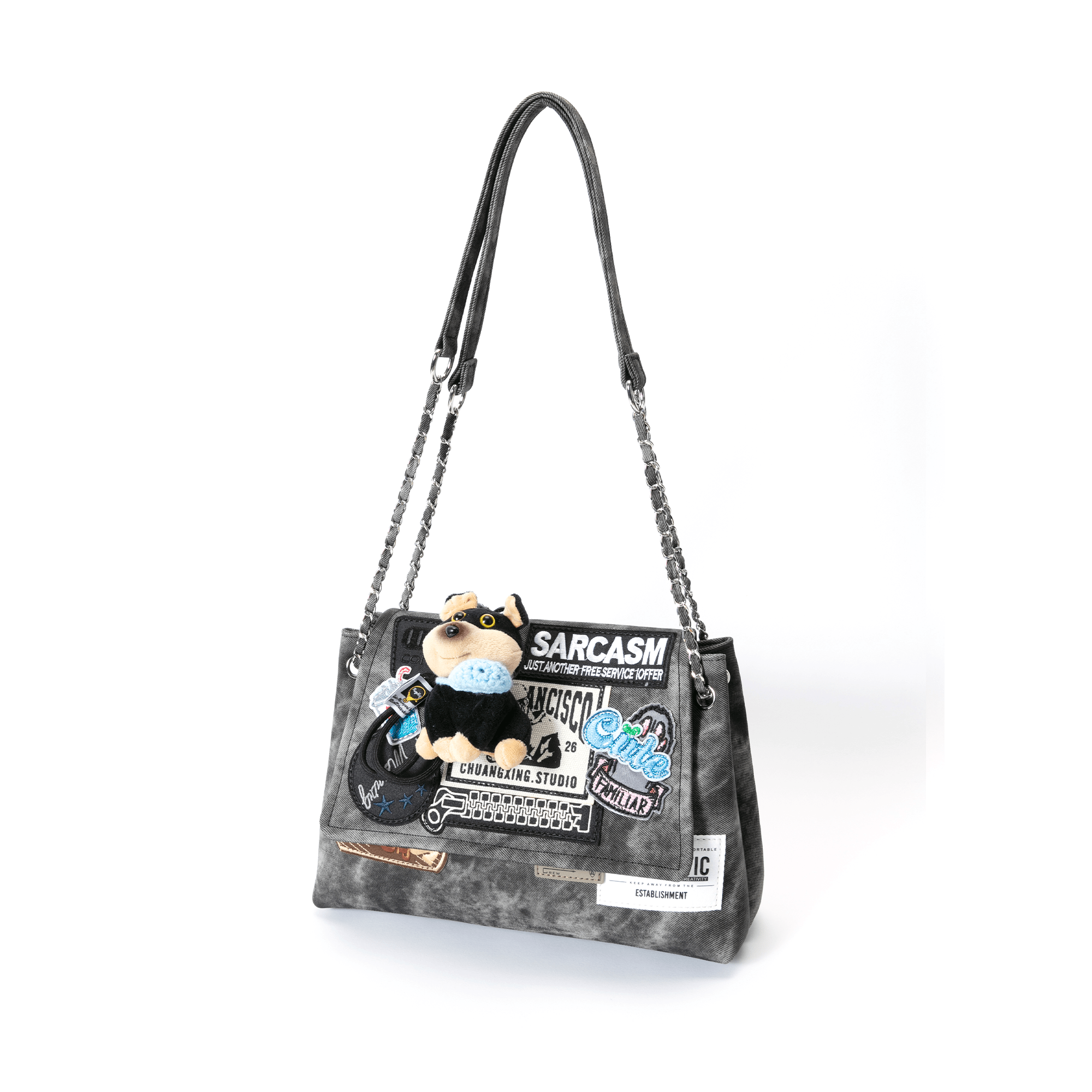 BLING BOX Patched Graffiti Washed Shoulder Bag