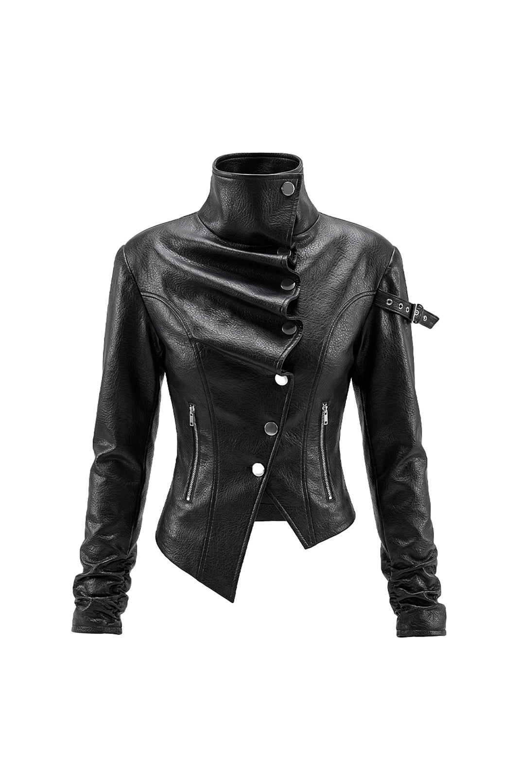 AE30 SAINT Asymmetric Ruched-Collar Faux Leather Moto Jacket
