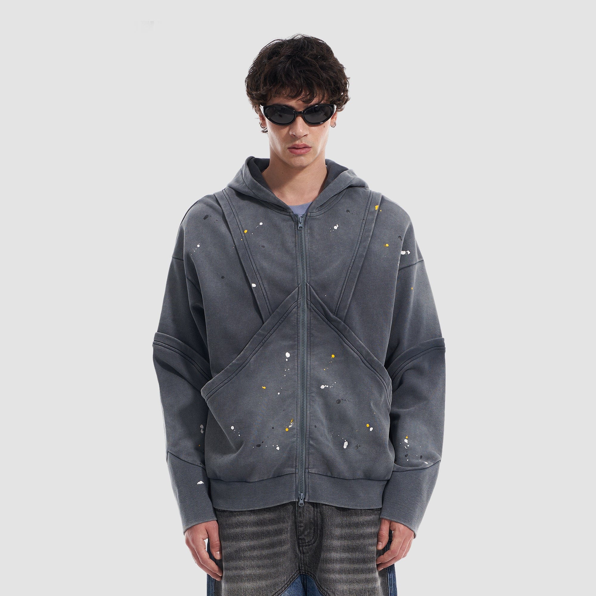 VANN VALRENCE Washed Paint-Splattered Paneled Zip Hoodie