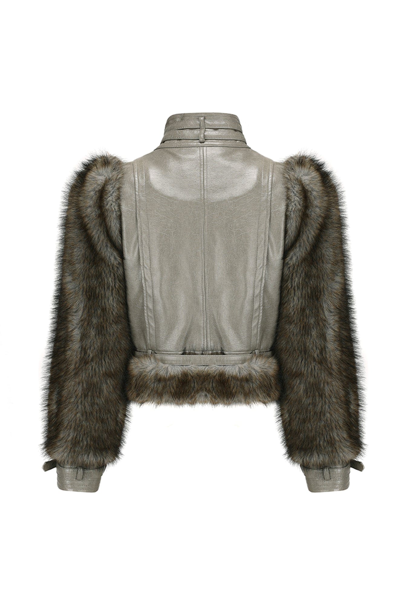 VANN VALRENCE Faux Leather Shearling Sleeve Cropped Jacket