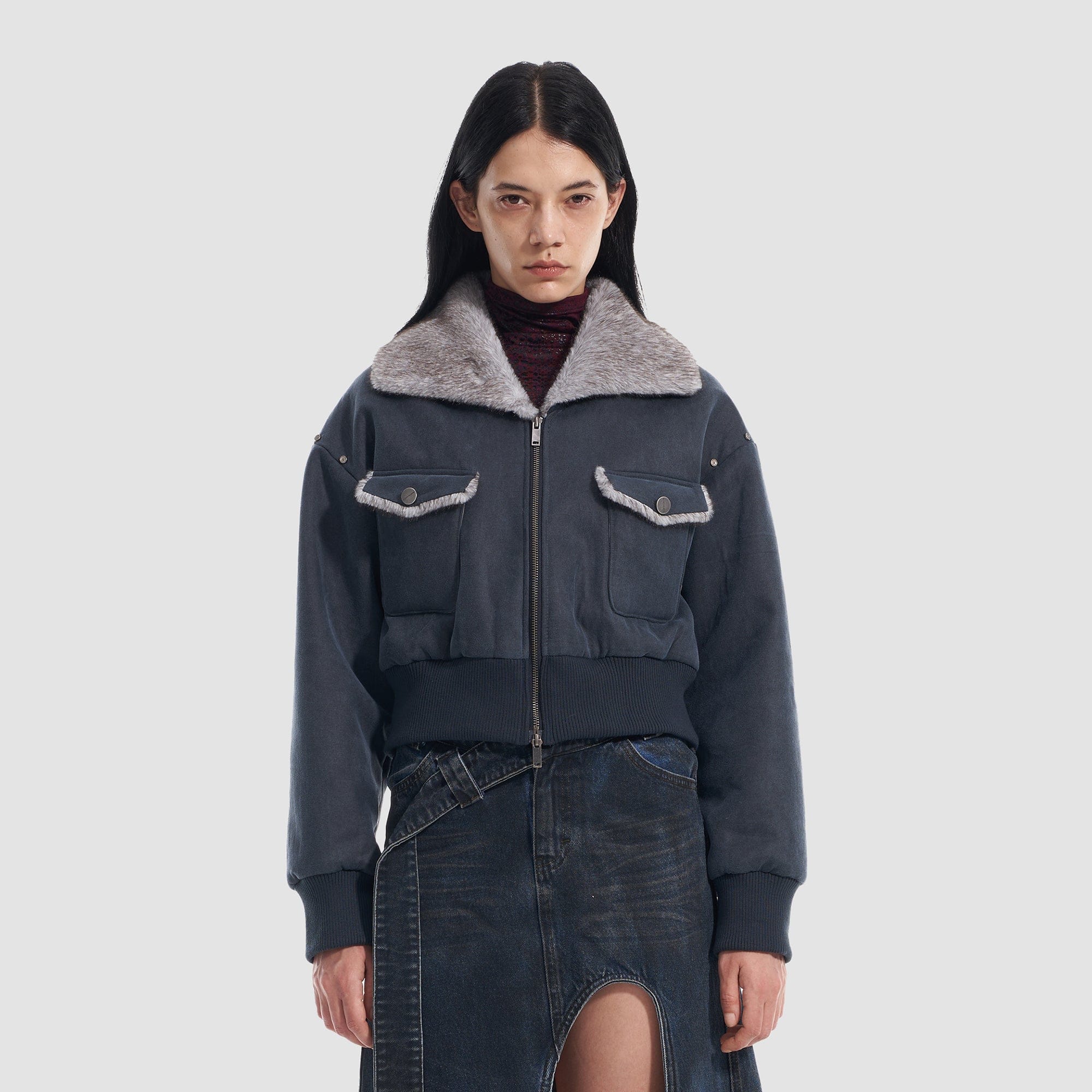 VANN VALRENCE Rivet Faux Fur Lined Cropped Jacket