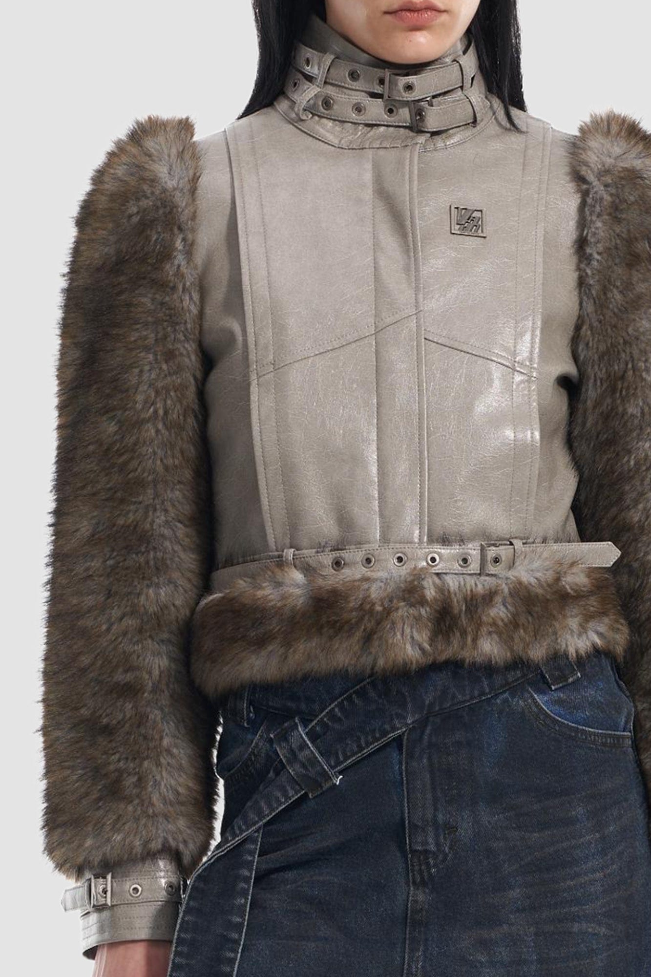 VANN VALRENCE Faux Leather Shearling Sleeve Cropped Jacket