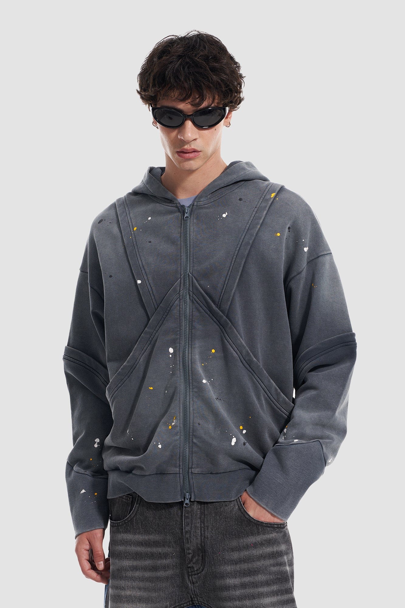 VANN VALRENCE Washed Paint-Splattered Paneled Zip Hoodie