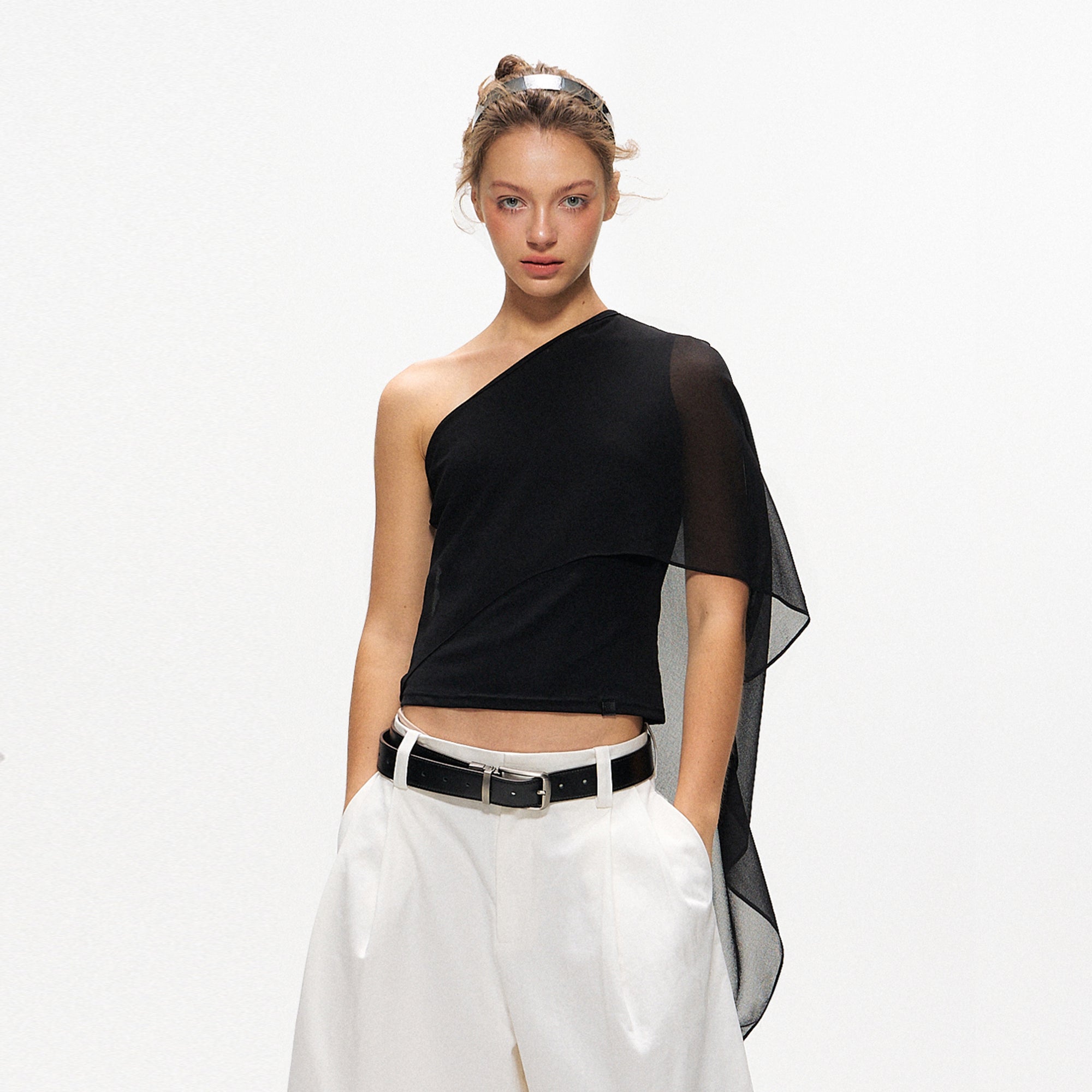 10AMSOTIIIIIIRED Asymmetrical Draped Cape-Sleeve Top