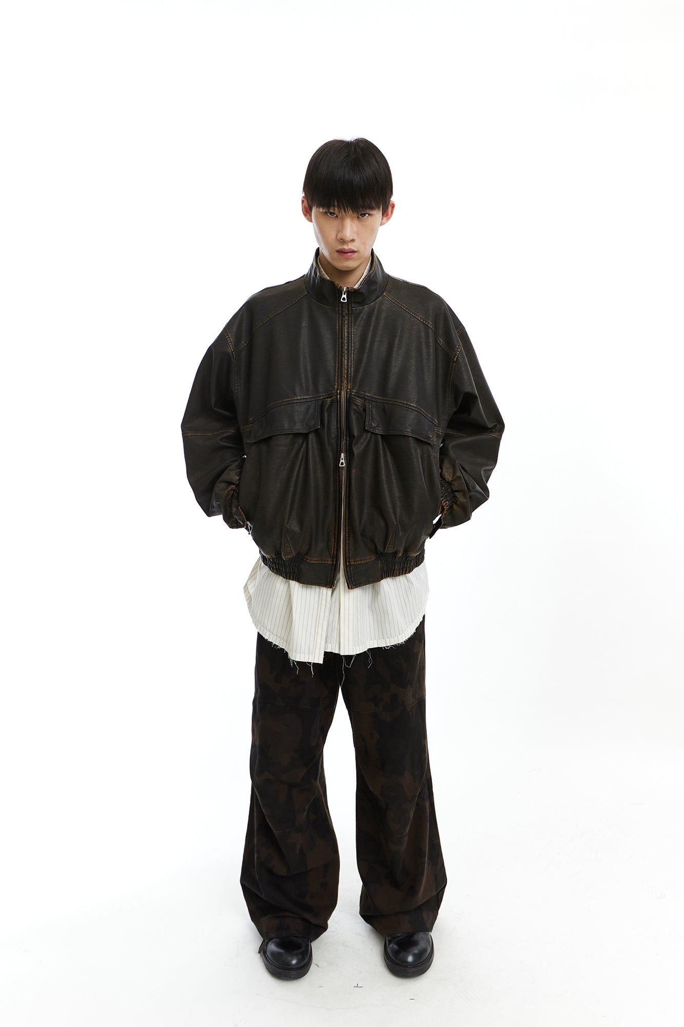 NEVERSEEZ Washed Faux Leather Zip-Up Bomber Jacket