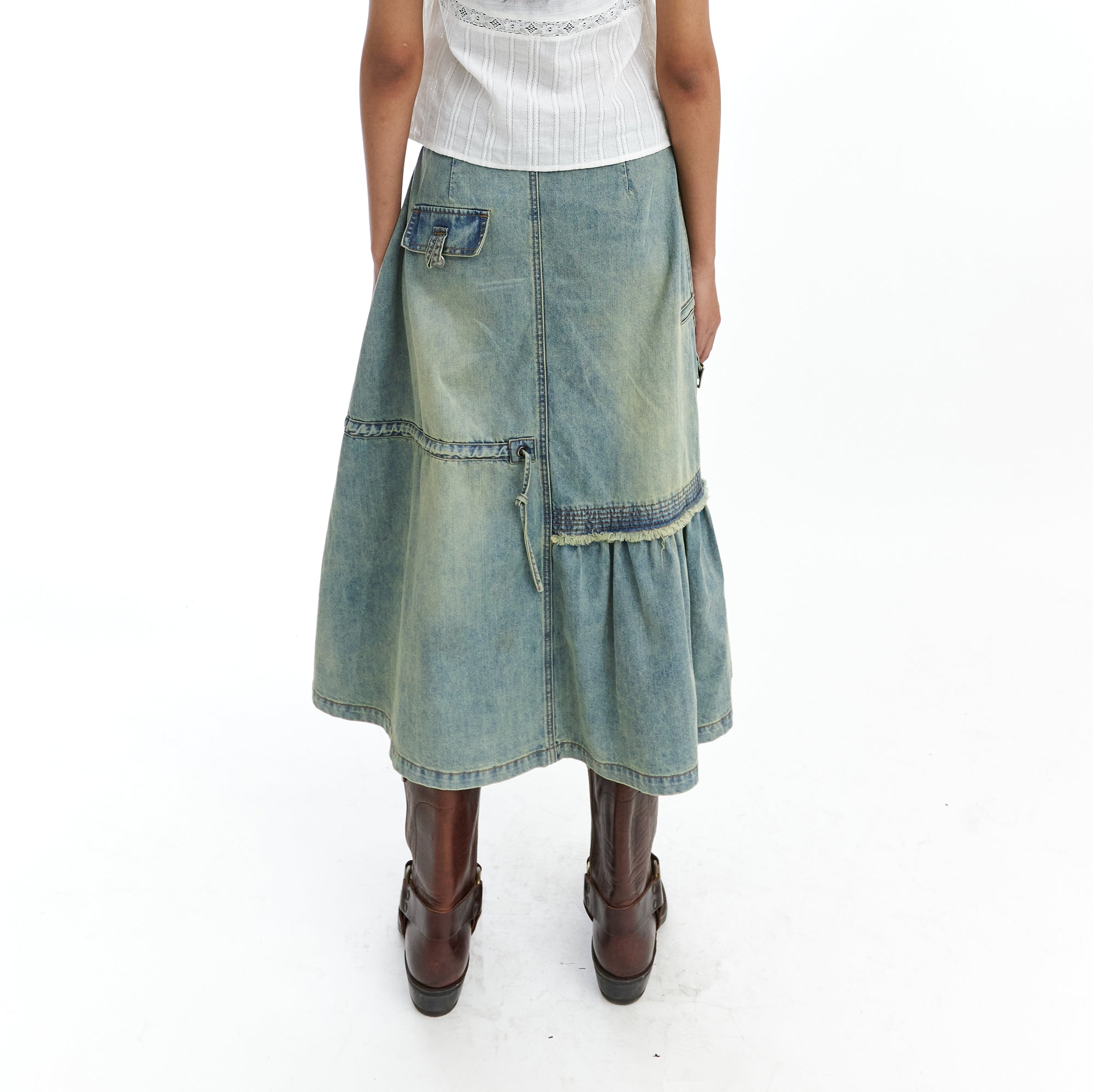 NEVERSEEZ Retro Wash Asymmetrical Denim Midi Skirt