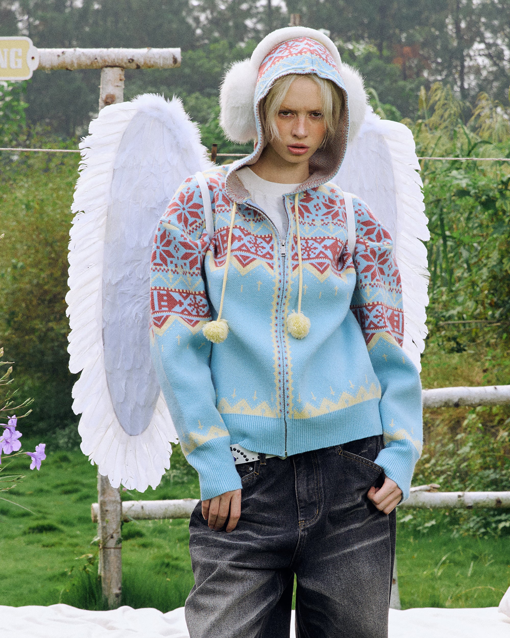 DONSMOKE Retro Fair Isle Pom Zip-Up Hoodie