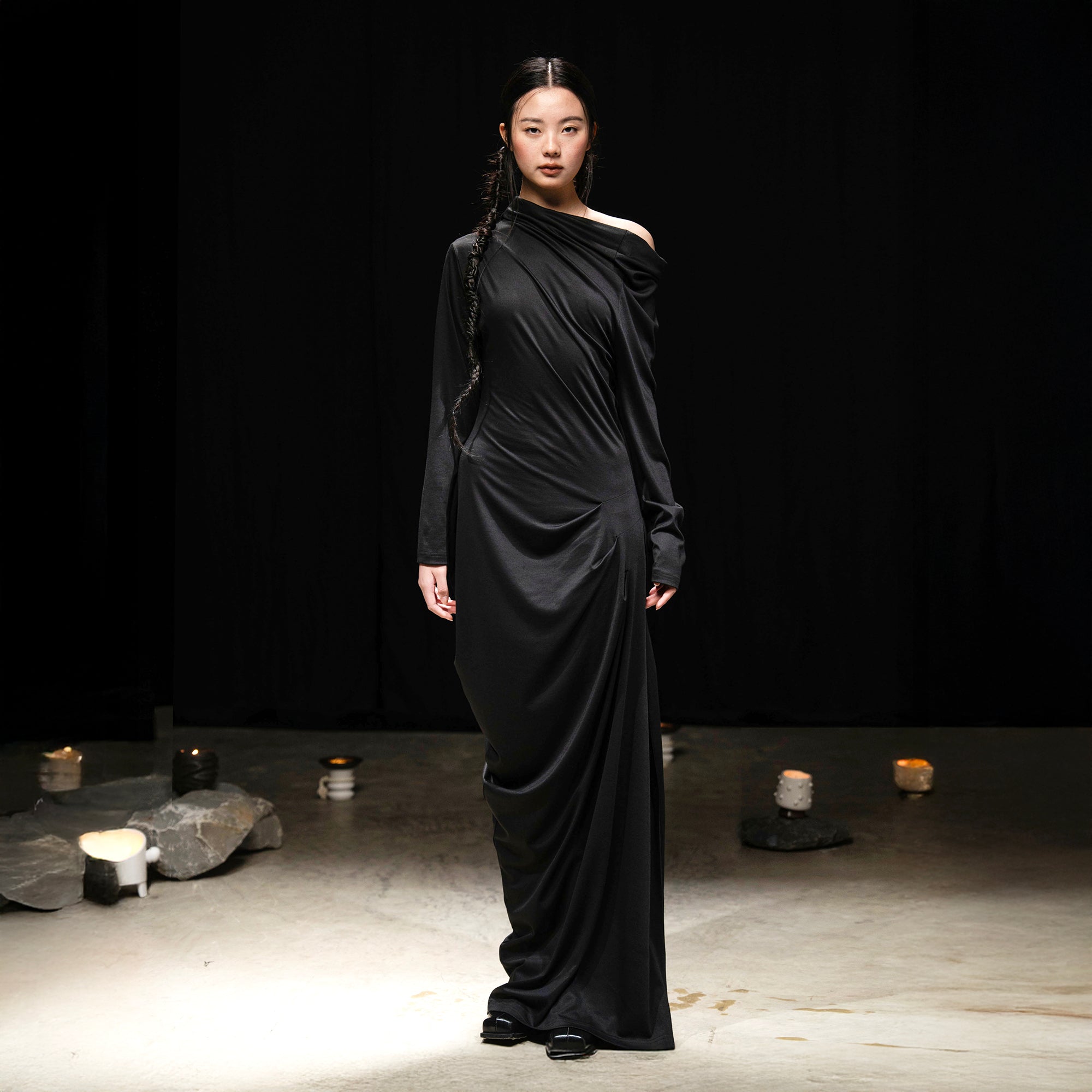 WUHEYIZUO Asymmetrical Draped Side-Ruched Maxi Dress Black