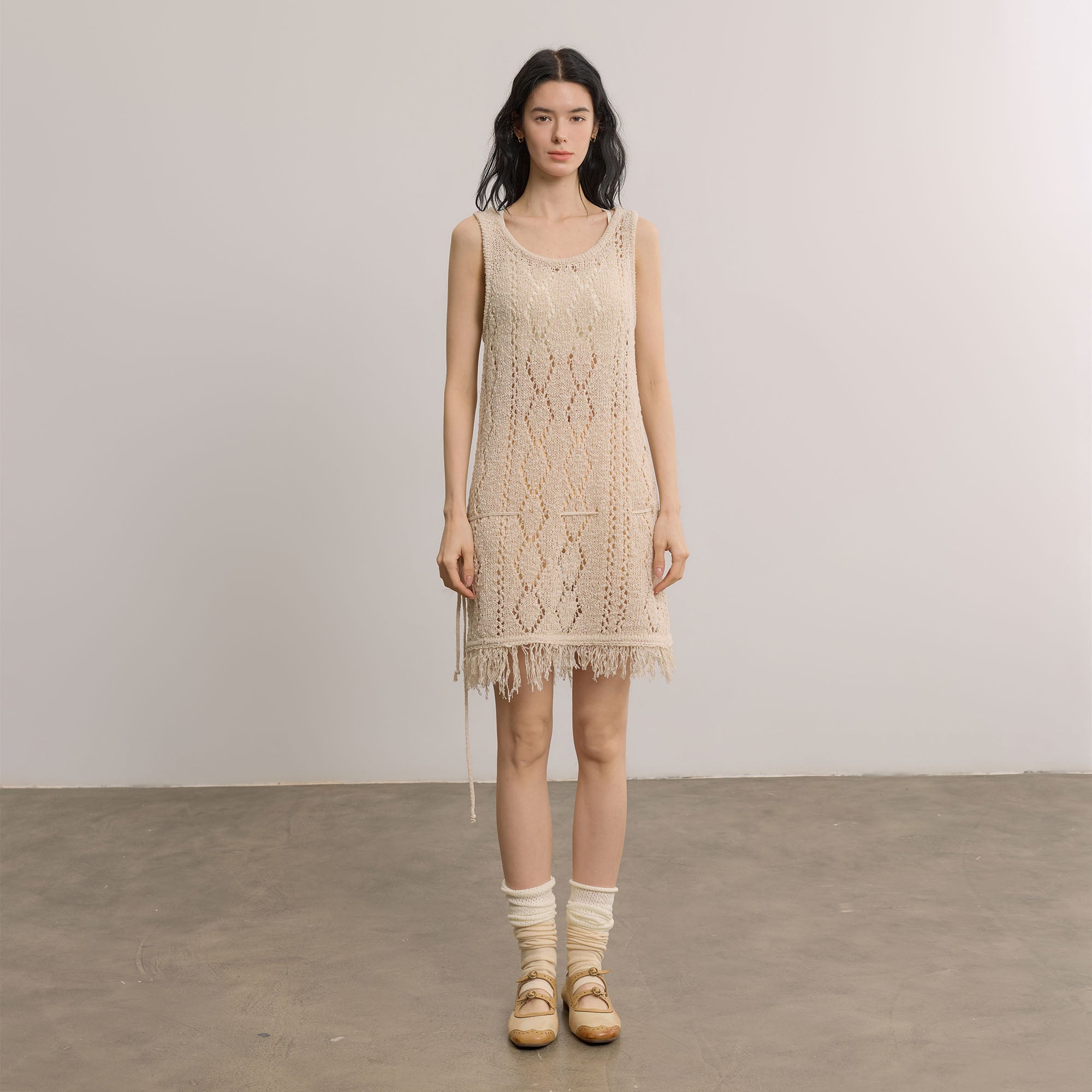SAME FLOW Open-Knit Fringe Hem Tank Mini Dress