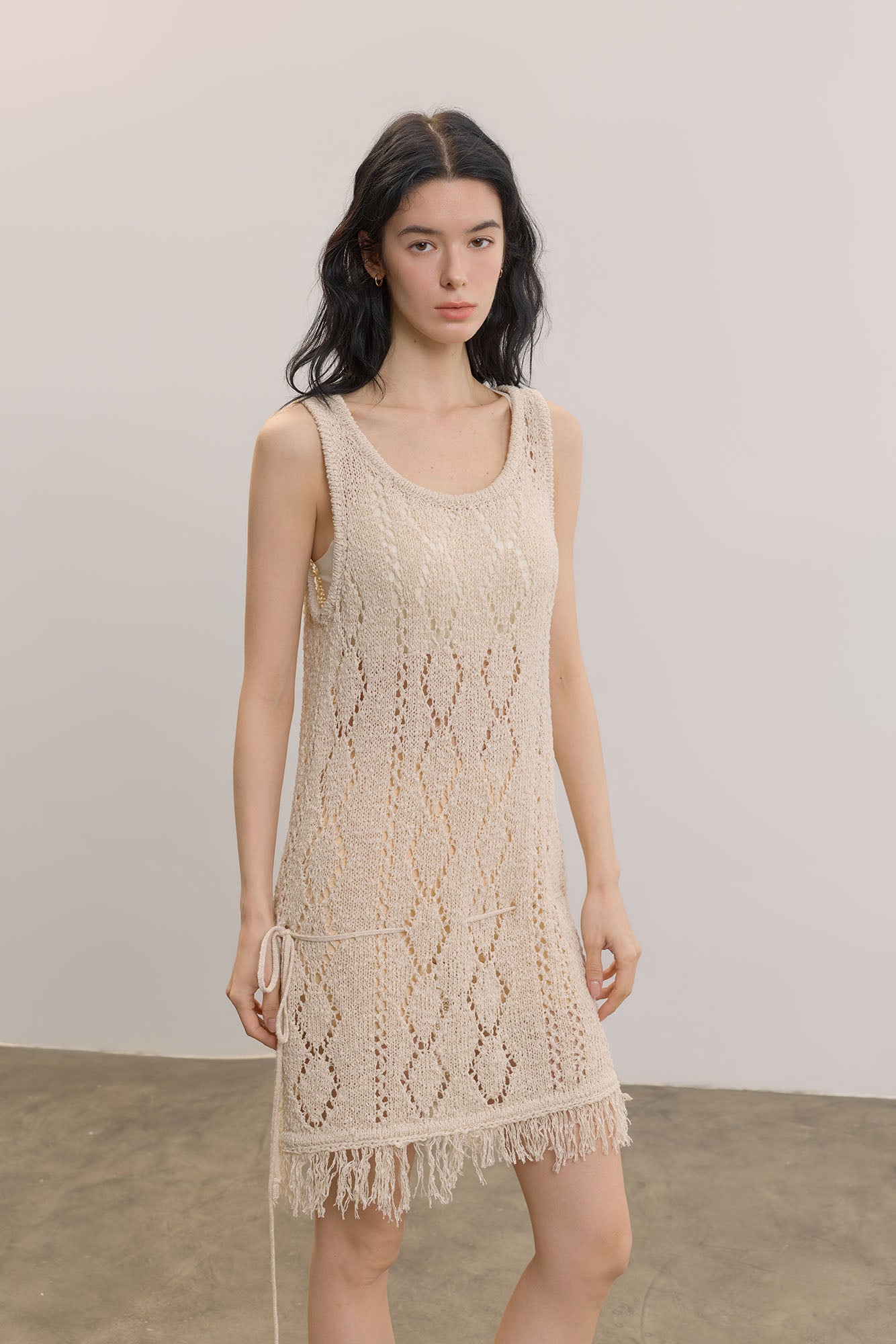 SAME FLOW Open-Knit Fringe Hem Tank Mini Dress
