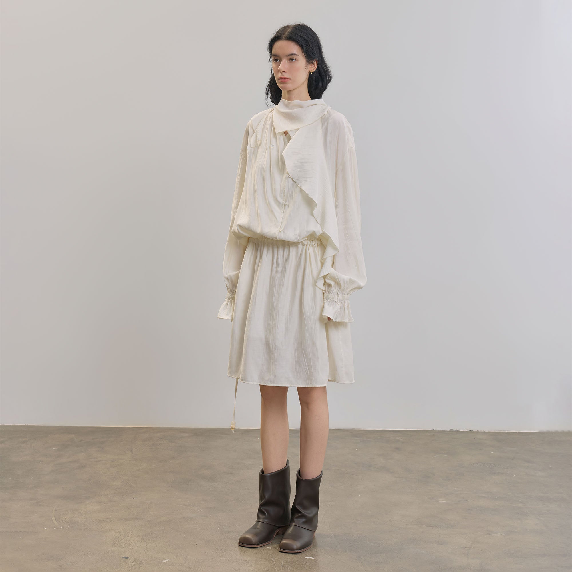 SAME FLOW Draped Scarf-Neck Button-Front Shirt Dress