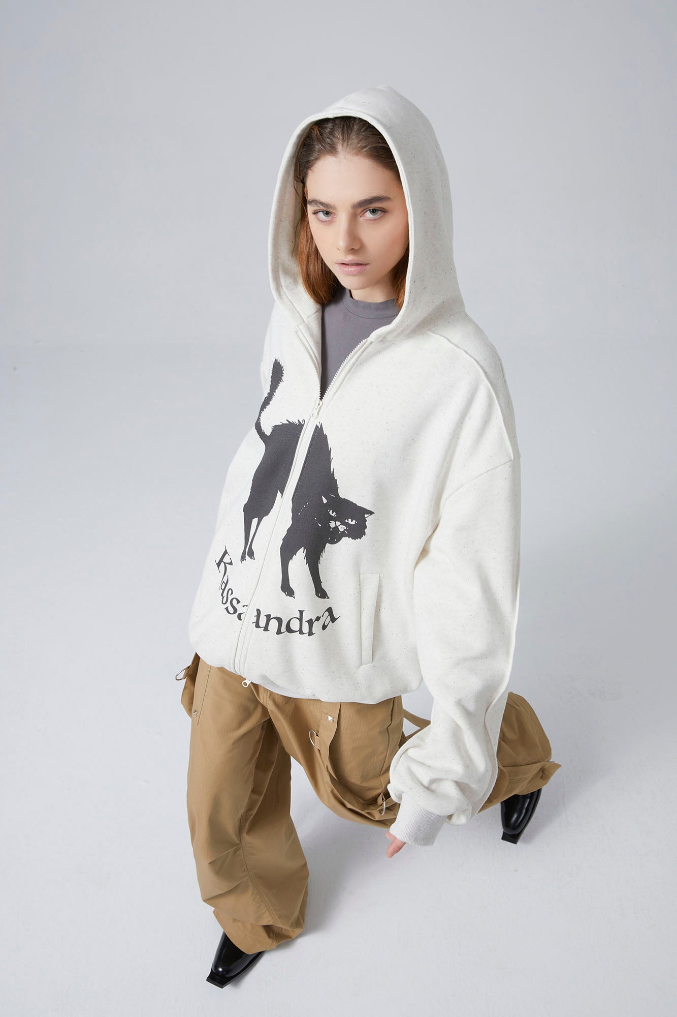 ERROR CODE ROBOT Black Cat Graphic Oversized Zip-Up Hoodie
