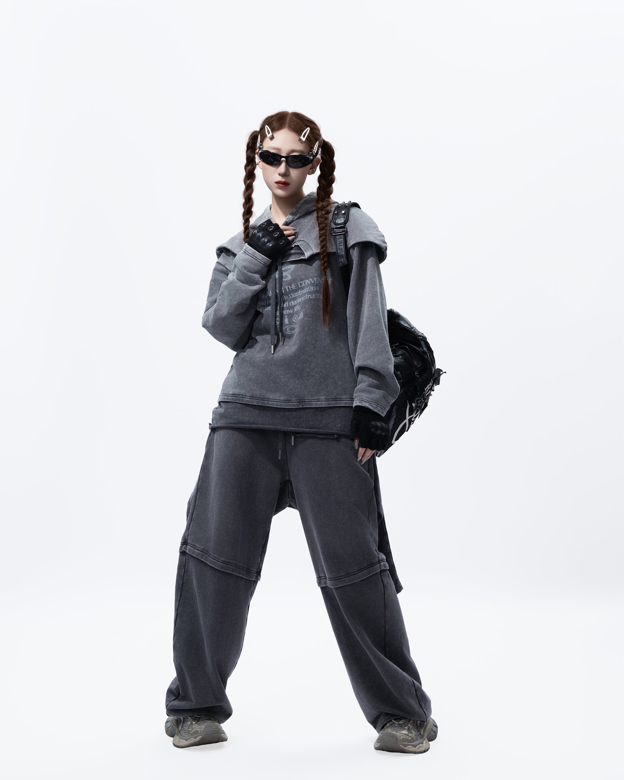 MOGONGSHE Washed Layered Shoulder-Paneled Hoodie