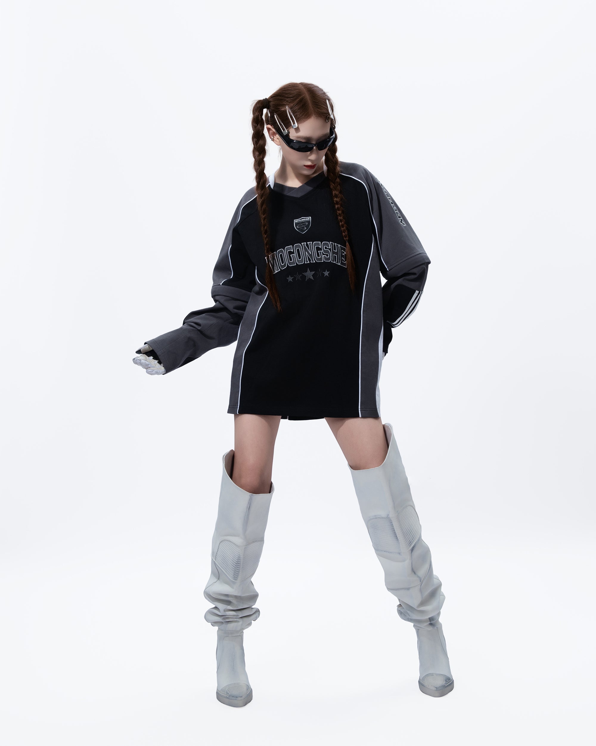 MOGONGSHE Contrast Spliced Detachable Long-Sleeve Tee