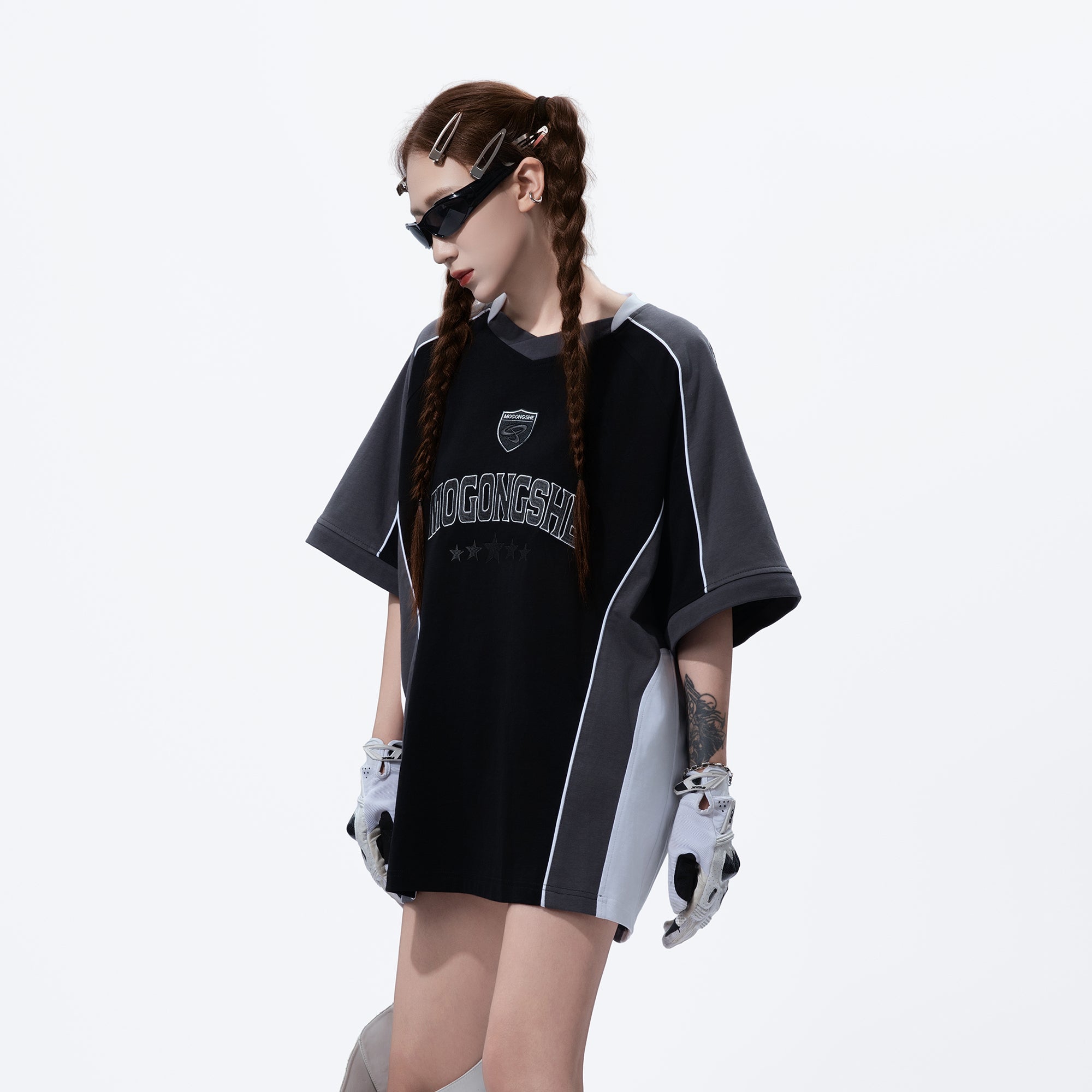 MOGONGSHE Contrast Spliced Detachable Long-Sleeve Tee