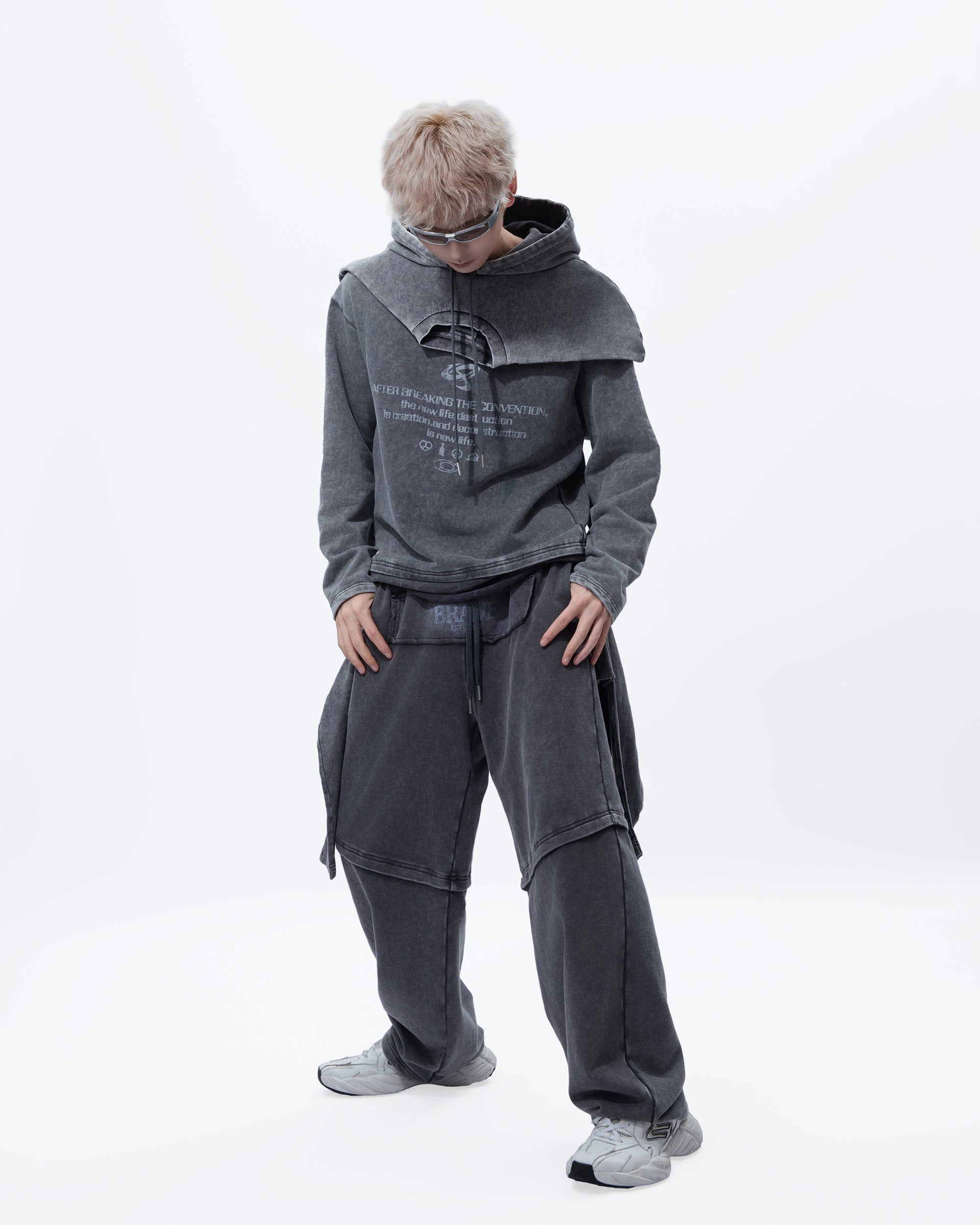 MOGONGSHE Washed Layered Shoulder-Paneled Hoodie