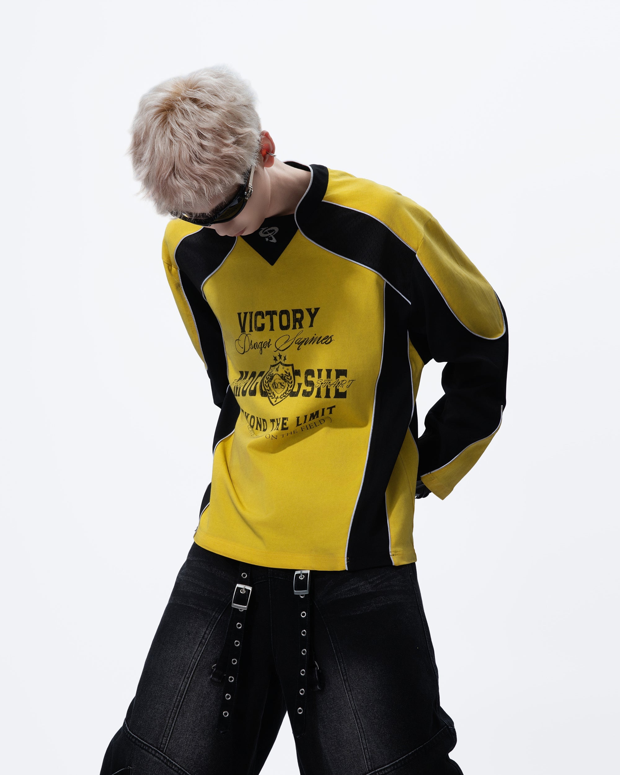 MOGONGSHE Retro Contrast Spliced Raglan Long-Sleeve Tee