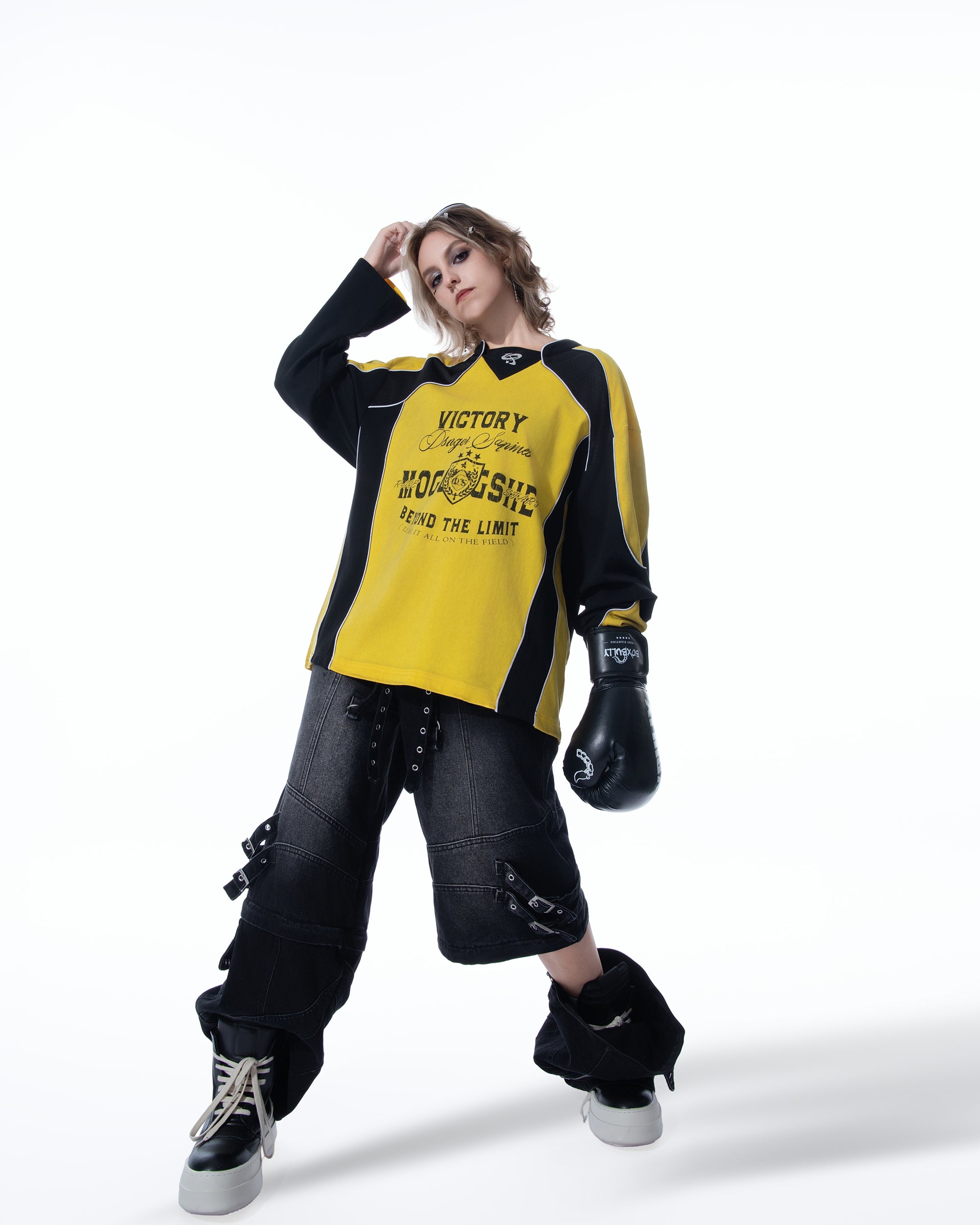 MOGONGSHE Retro Contrast Spliced Raglan Long-Sleeve Tee