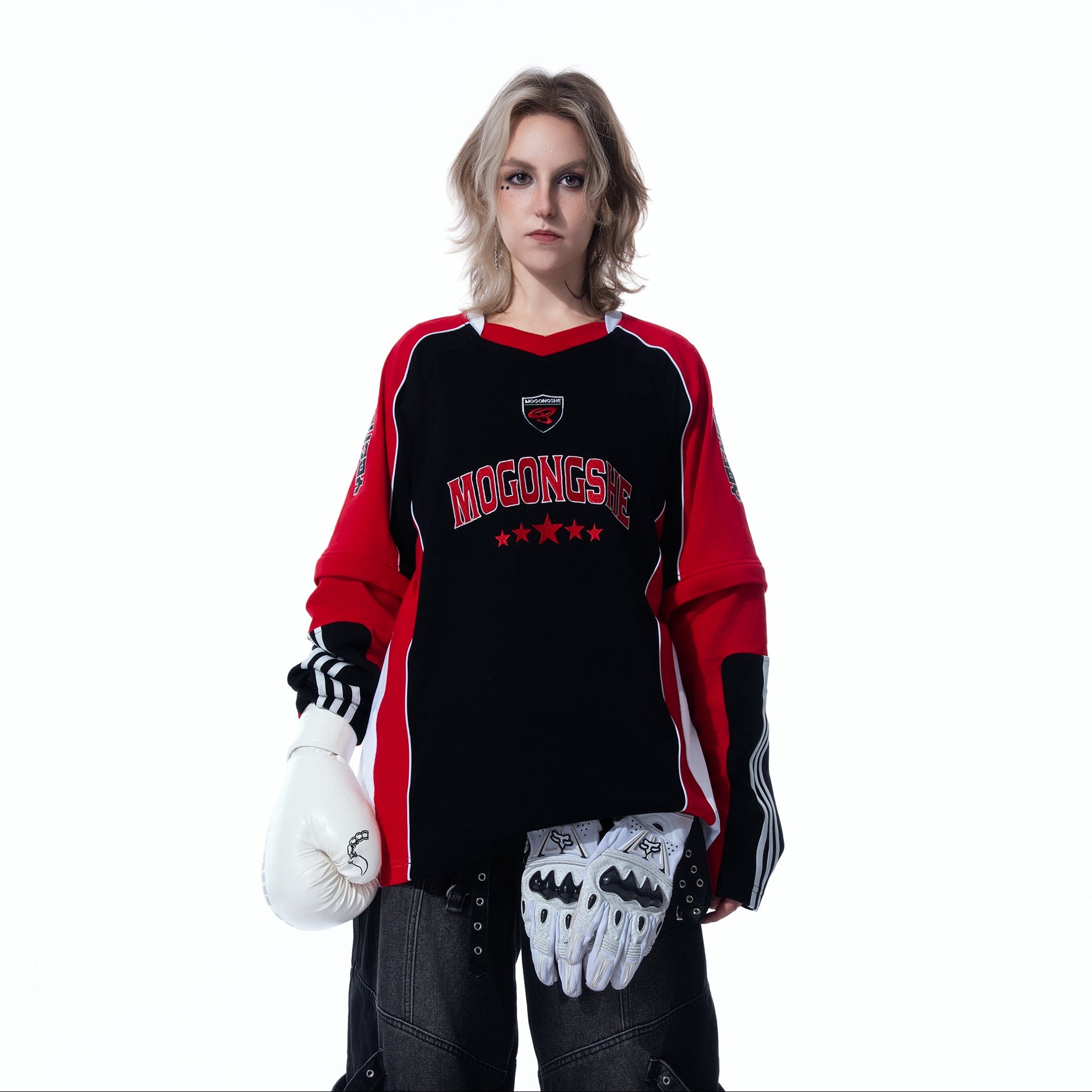 MOGONGSHE Contrast Spliced Detachable Long-Sleeve Tee