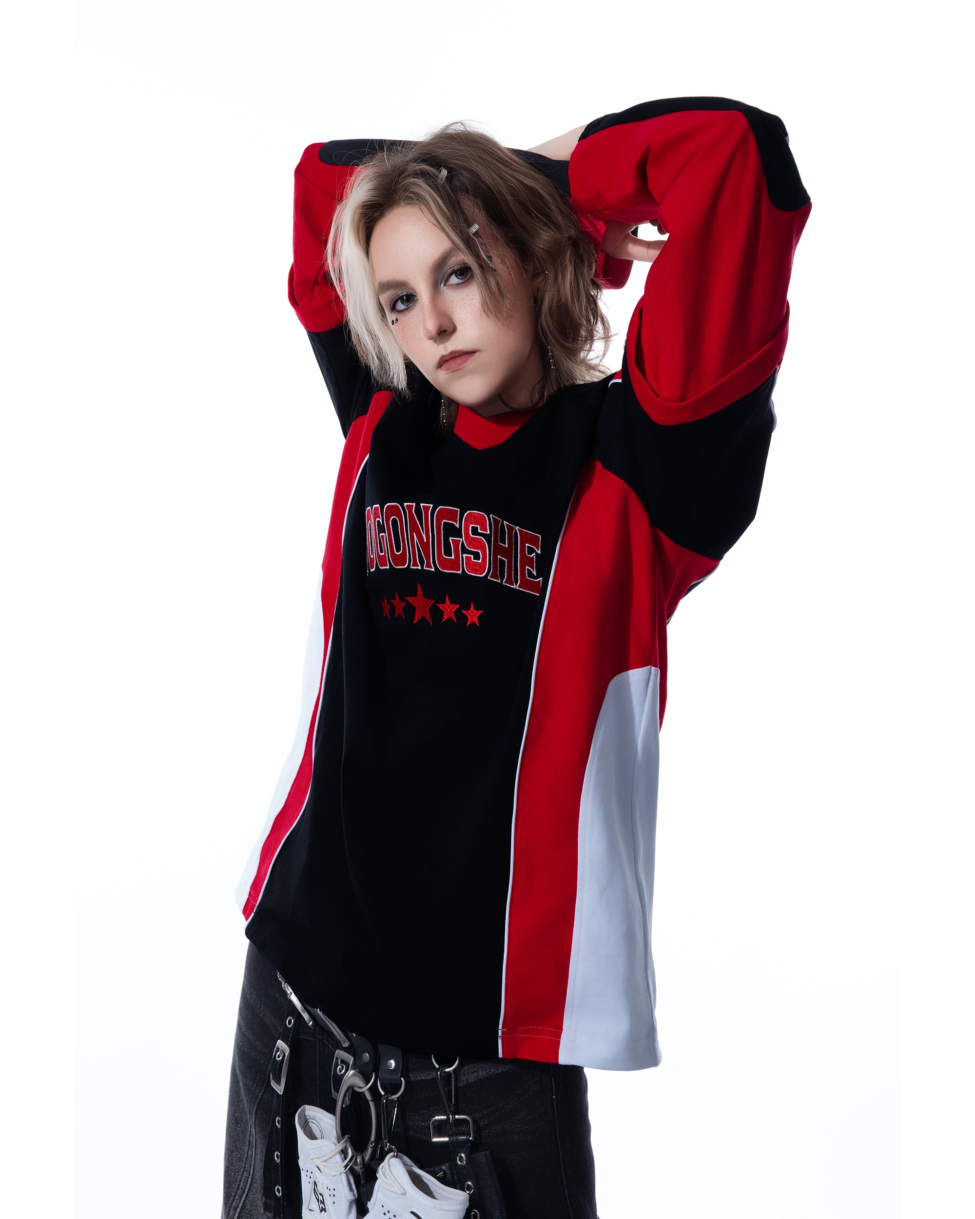 MOGONGSHE Contrast Spliced Detachable Long-Sleeve Tee